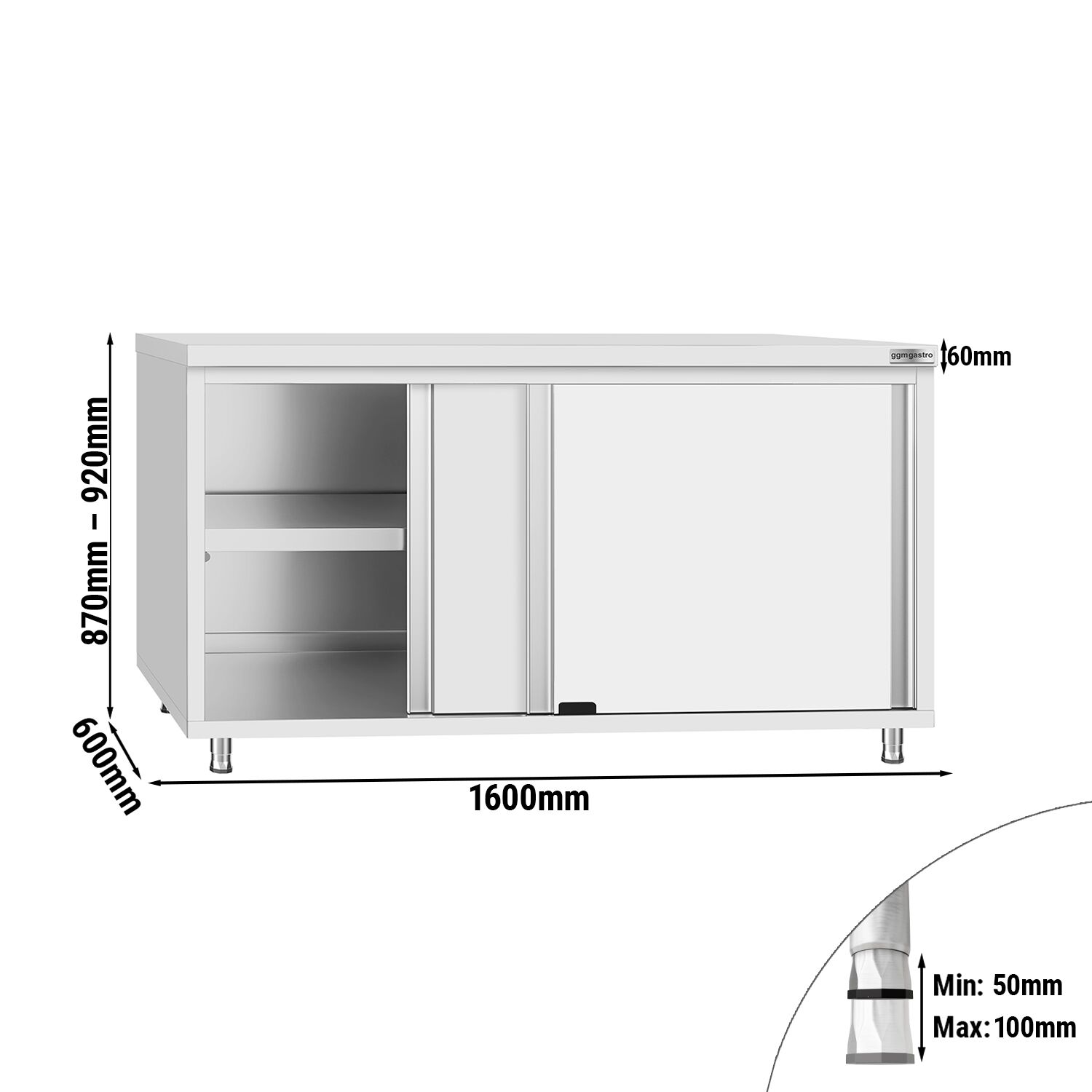 Ruostumattomasta teräksestä työkaappi ECO - 1600x600 mm - 2 liukuovea