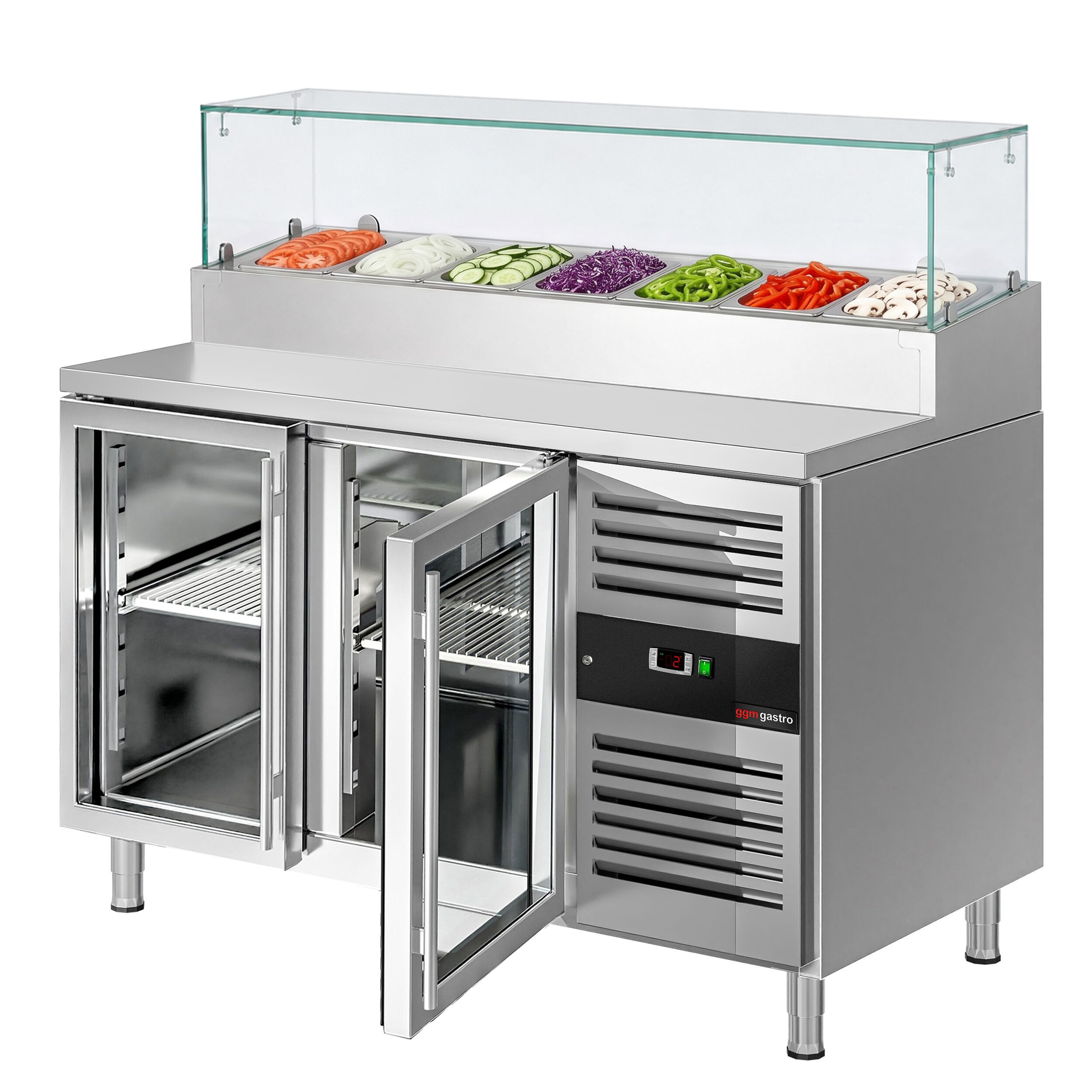 Zubereitungstisch PREMIUM - 1360mm - 2 Glastüren - mit Glasaufsatz - für 7x GN 1/3