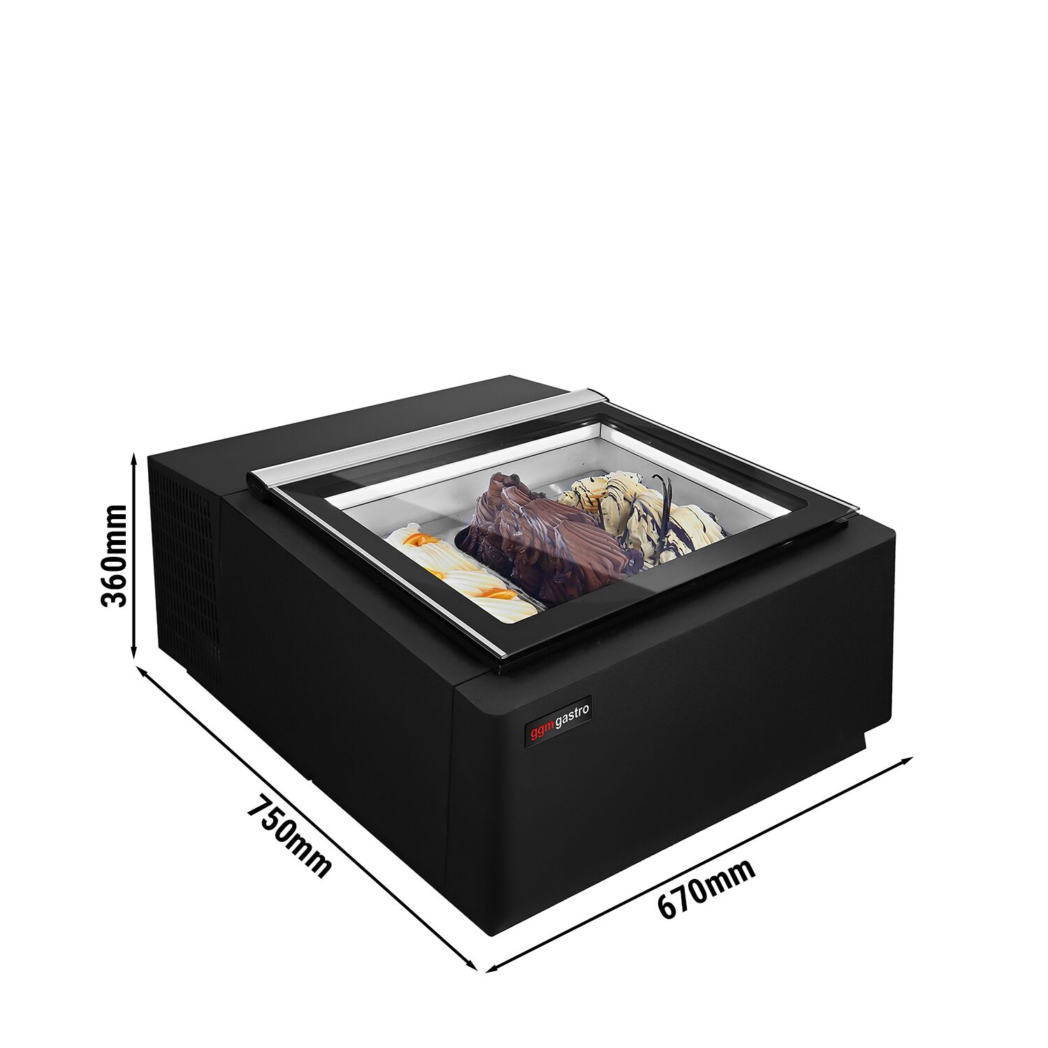 Vitrine à glaces à poser - 670mm - Froid statique - Noir - pour 3 bacs Napoli 5 L - Côté client