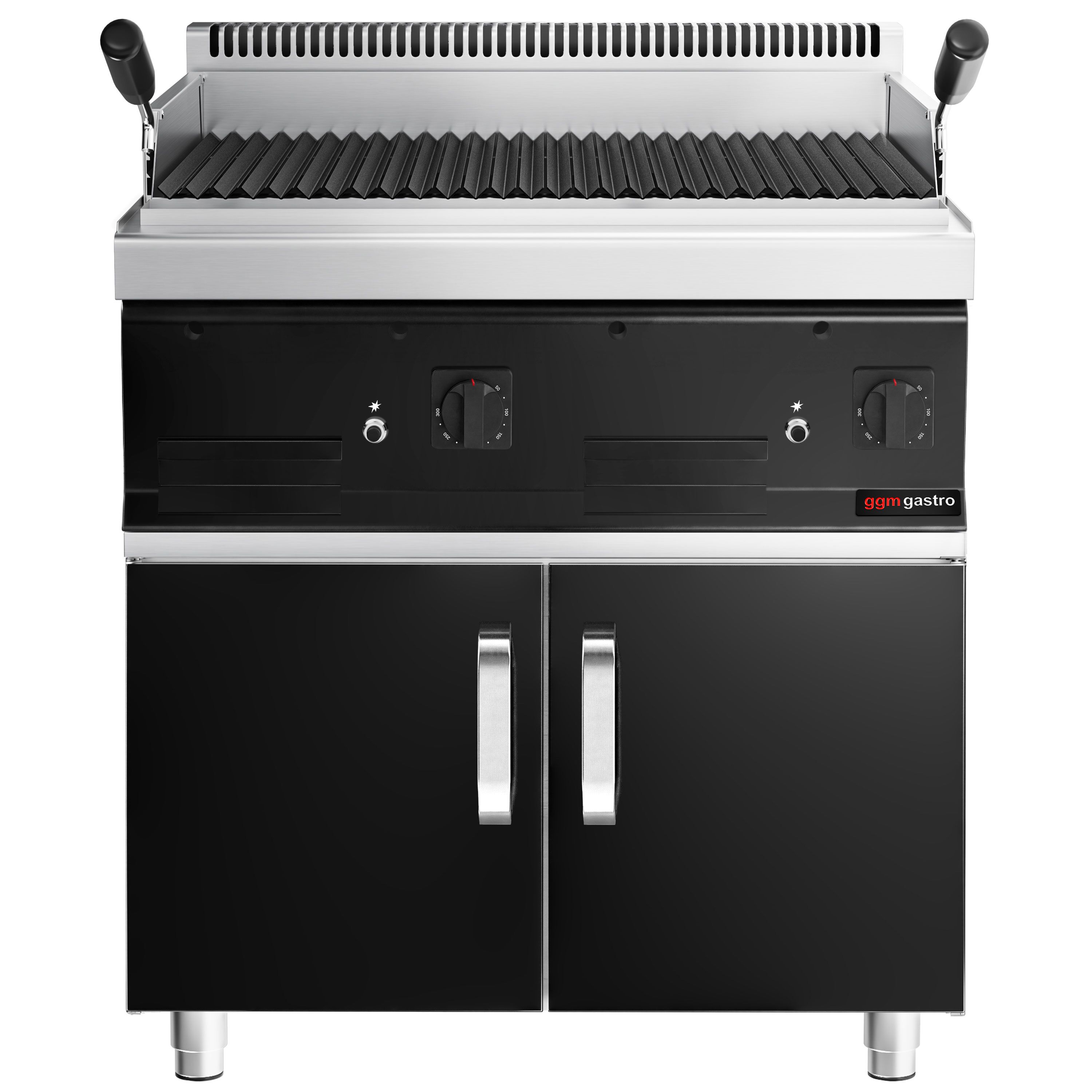 Commercial Gas Lava Rock Chargrill MARIO 700 - 800mm - with Cabinet Base - Tilting Grill Grid - Cast-Iron Cooking Grids - Black-front Fascia - incl. cabinet base - 2 Doors