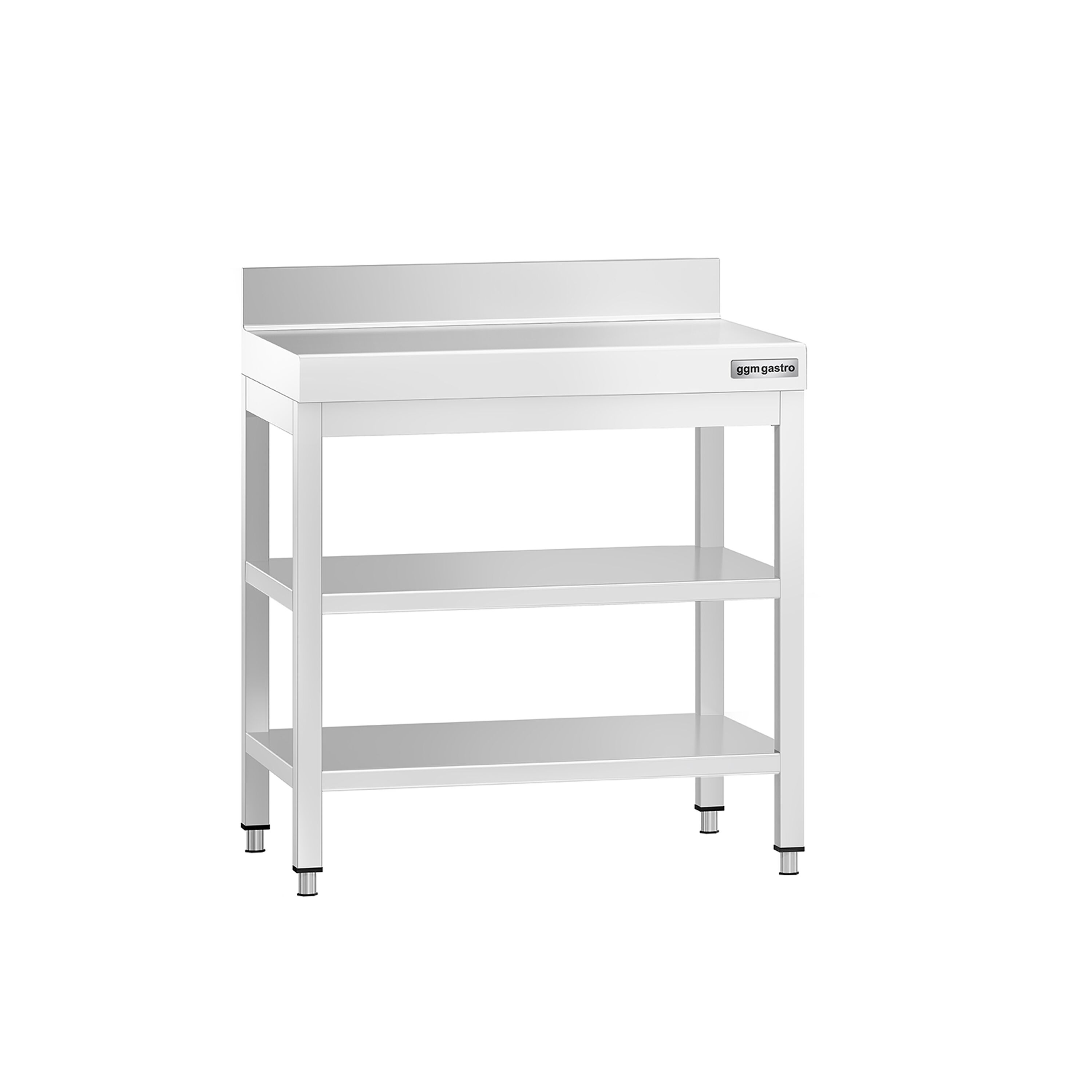 Table de travail inox PREMIUM - 600 x 700 mm - avec tablette inférieure, Dosseret & Tablette intermédiaire