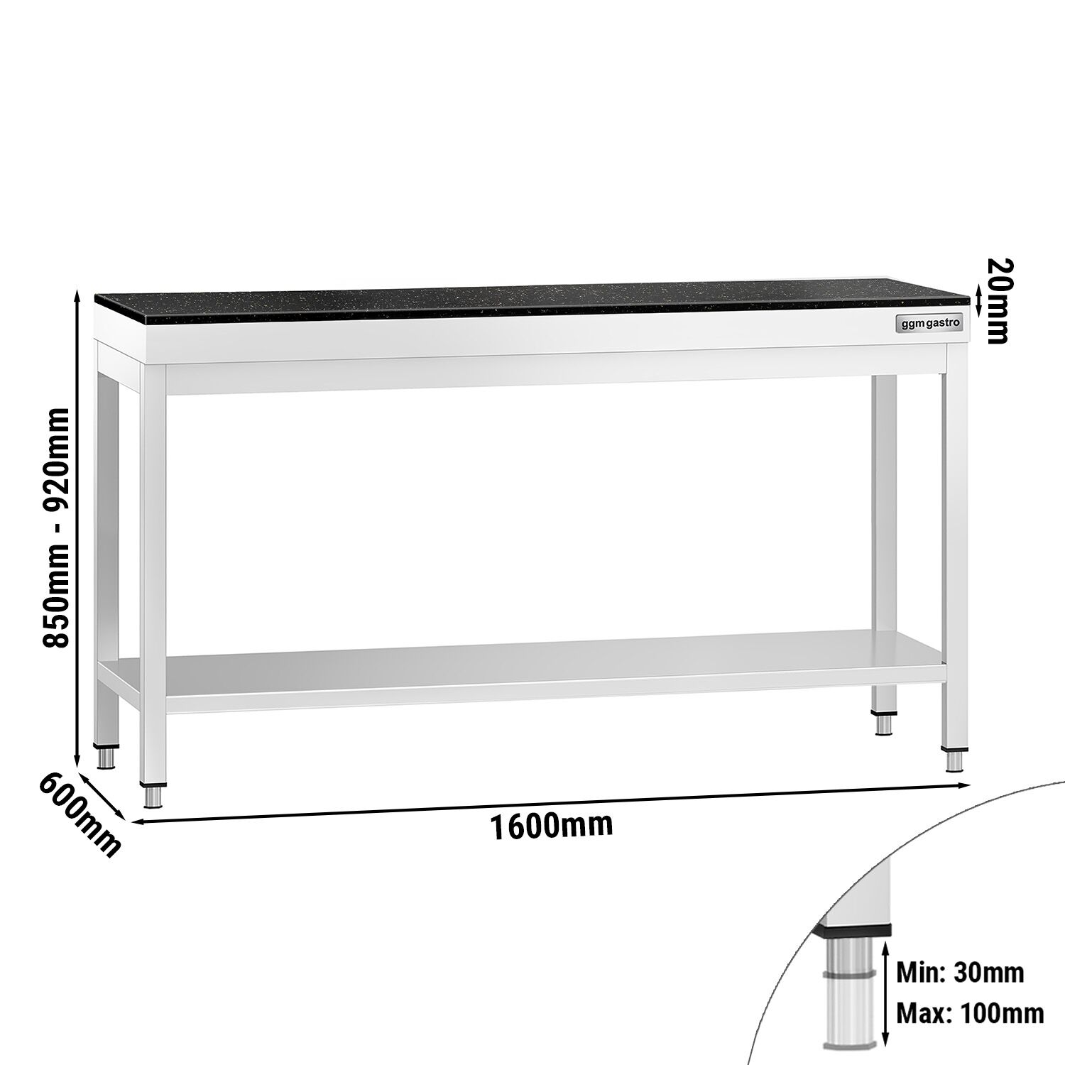 Table de travail inox PREMIUM - 1600 x 600 mm - avec tablette inférieure - incl. Plan de travail en Granit