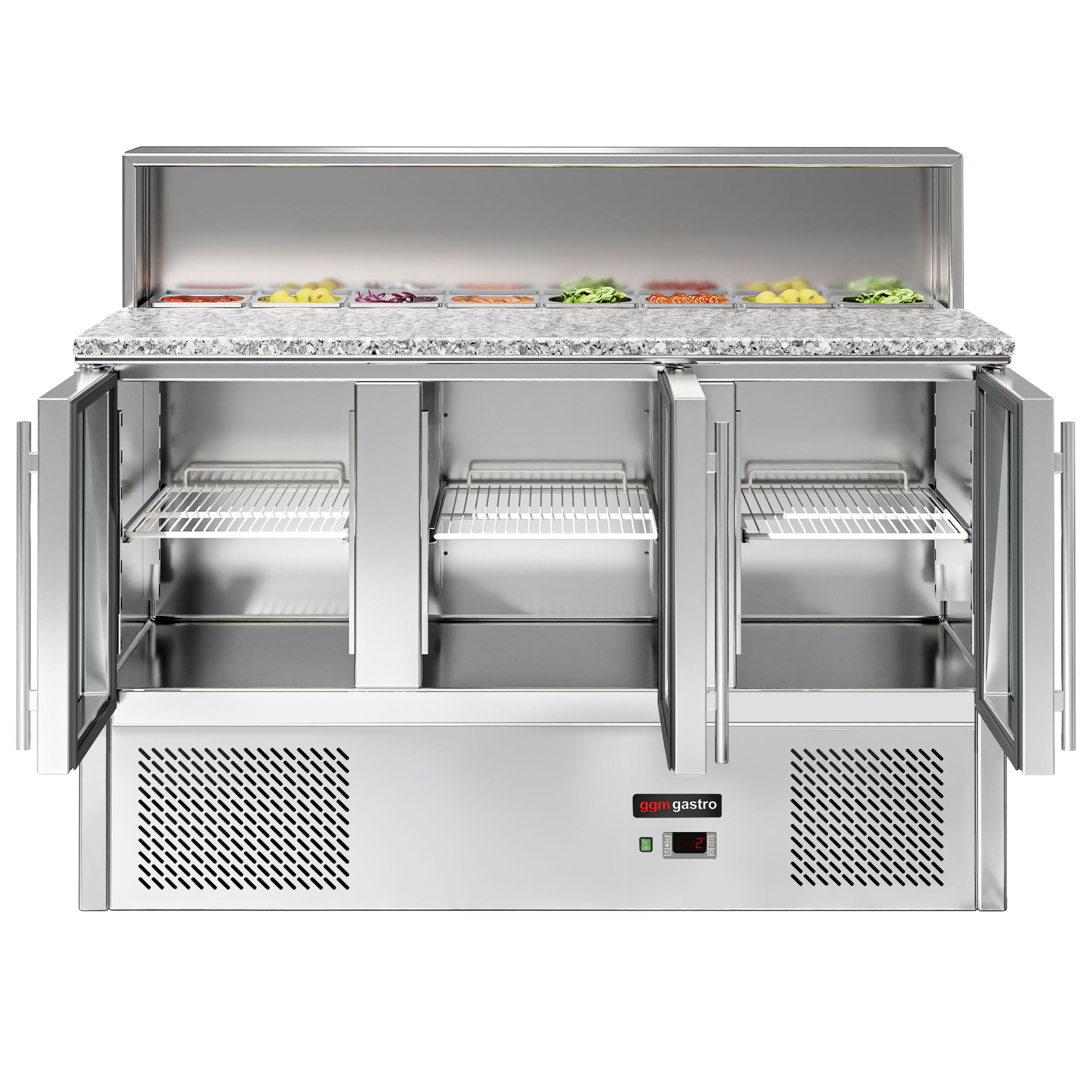 Saladette réfrigérée ECO - 1368mm - 402L - 3 portes vitrées - avec découpe pour 7x GN 1/6 & Couvercle inox - plan de travail en granit noir