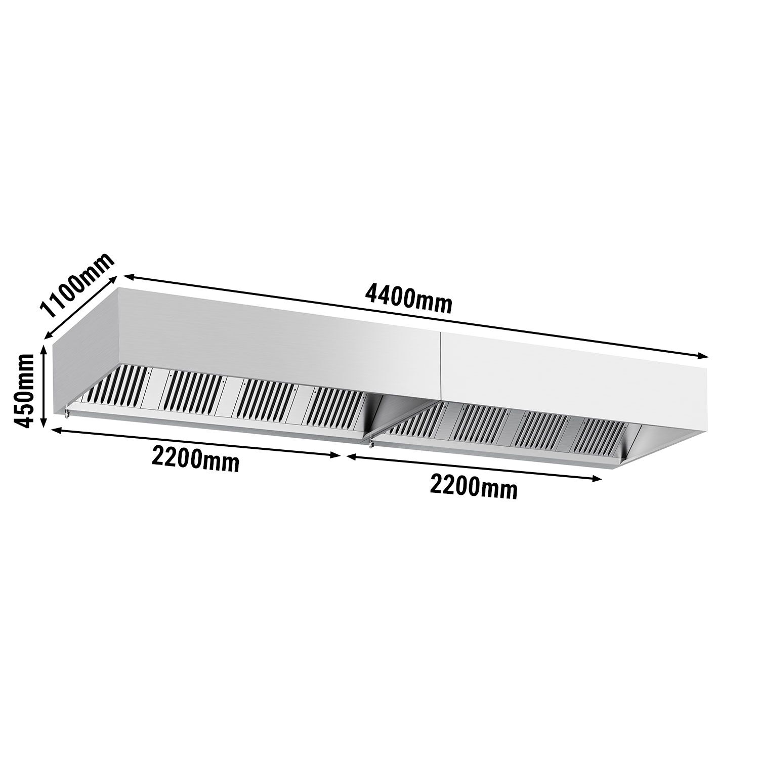 Hotte à adosser professionnelle - Profondeur 1100 - 4400mm - sans moteur - avec filtres et éclairage