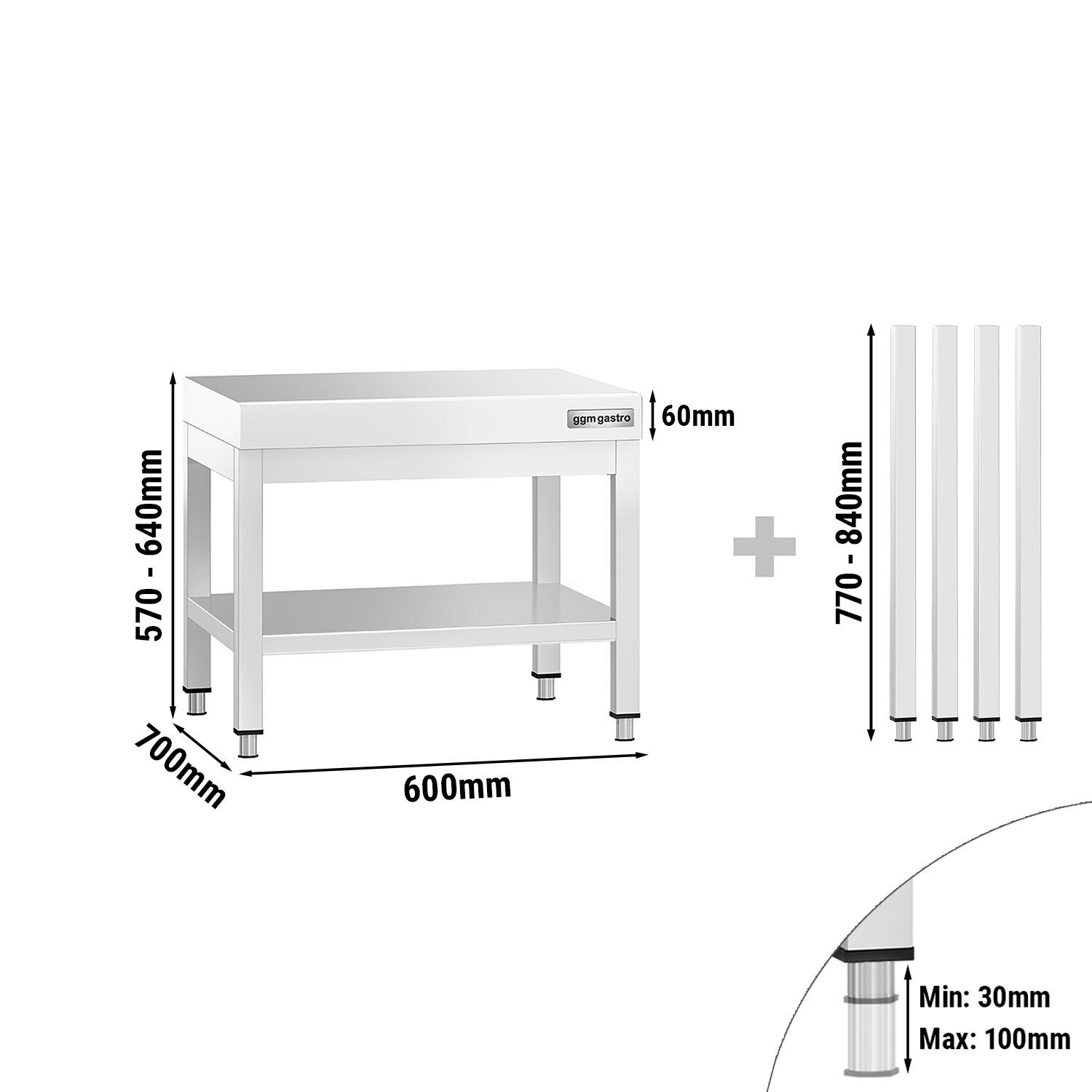 Table de travail en acier inoxydable PREMIUM - 600x700mm - avec étagère basse