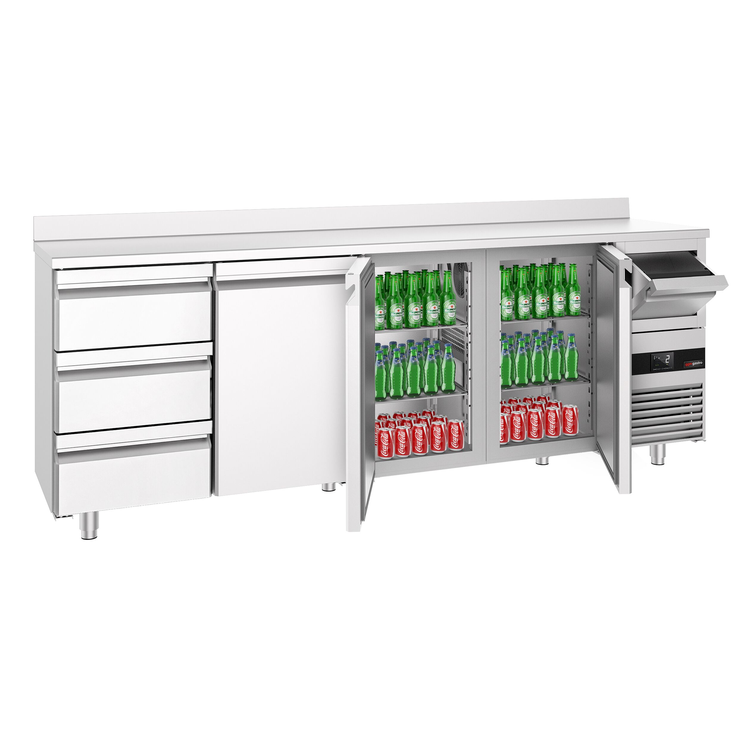 Arrière-bar réfrigéré professionnel PREMIUM - 2690 x 600 mm - avec 3 portes et 3 tiroirs - avec dosseret - avec tiroir à marc de café