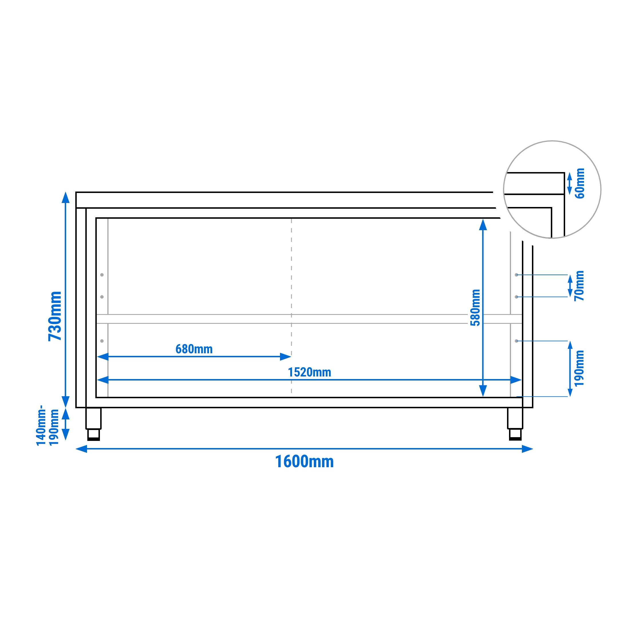 Table armoire en acier inoxydable PREMIUM - 1600x600mm - avec portes coulissantes vitrées