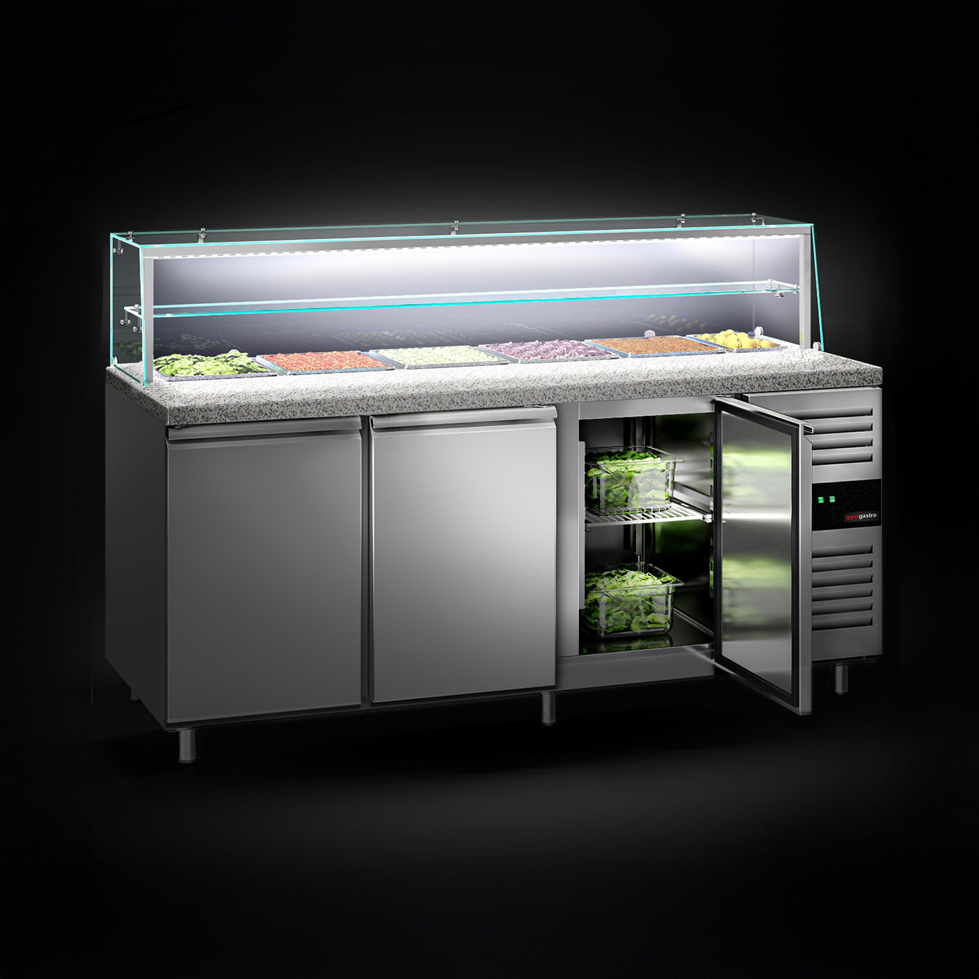Saladette réfrigérée PREMIUM - 2020mm - 580L - 3 portes - avec vitrine de comptoir pour 5x GN 1/1 & 1x GN 2/4 & 1 étagère - plan de travail en granit noir
