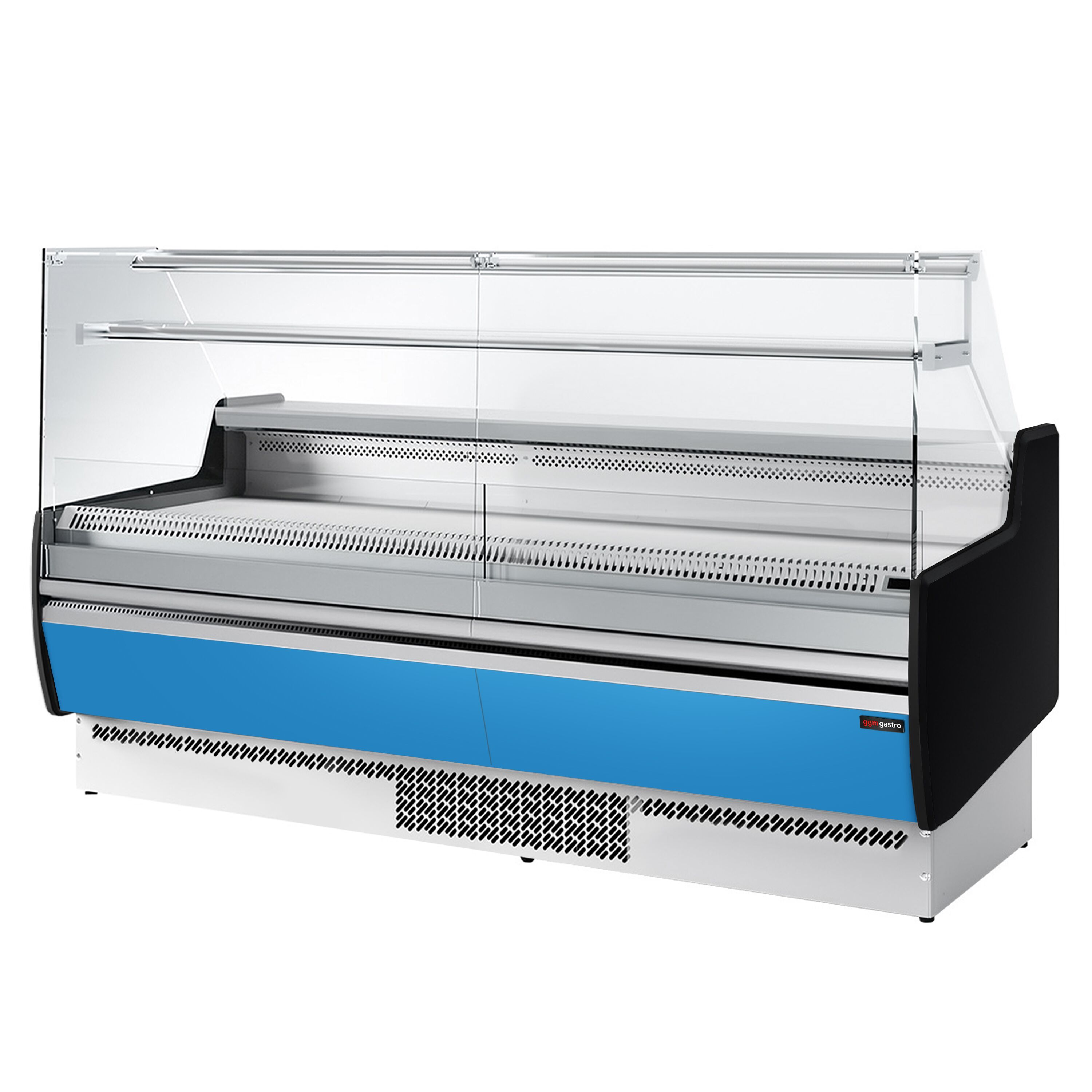 Serve Over Counter - 1935mm - front and sides glass, rear open - capacity 213 litres - front panel light blue