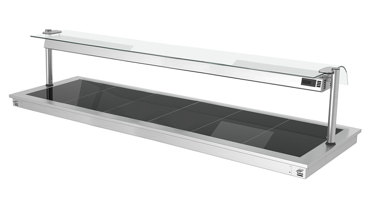 De embutir Mesa de buffet quente PROFISSIONAL com placa vitrocerâmica em aço inoxidável - 2110mm - 6x GN 1/1 - 2,7kW - com resguardo de vidro contra salpicos