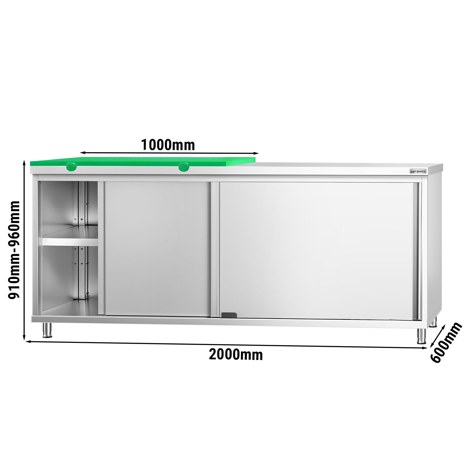Table armoire en acier inoxydable PREMIUM - 2000x600mm - avec portes coulissantes et étagère basse - pour fruits et légumes - incl. 1/2 plateau de découpe Vert PEHD (HACCP)