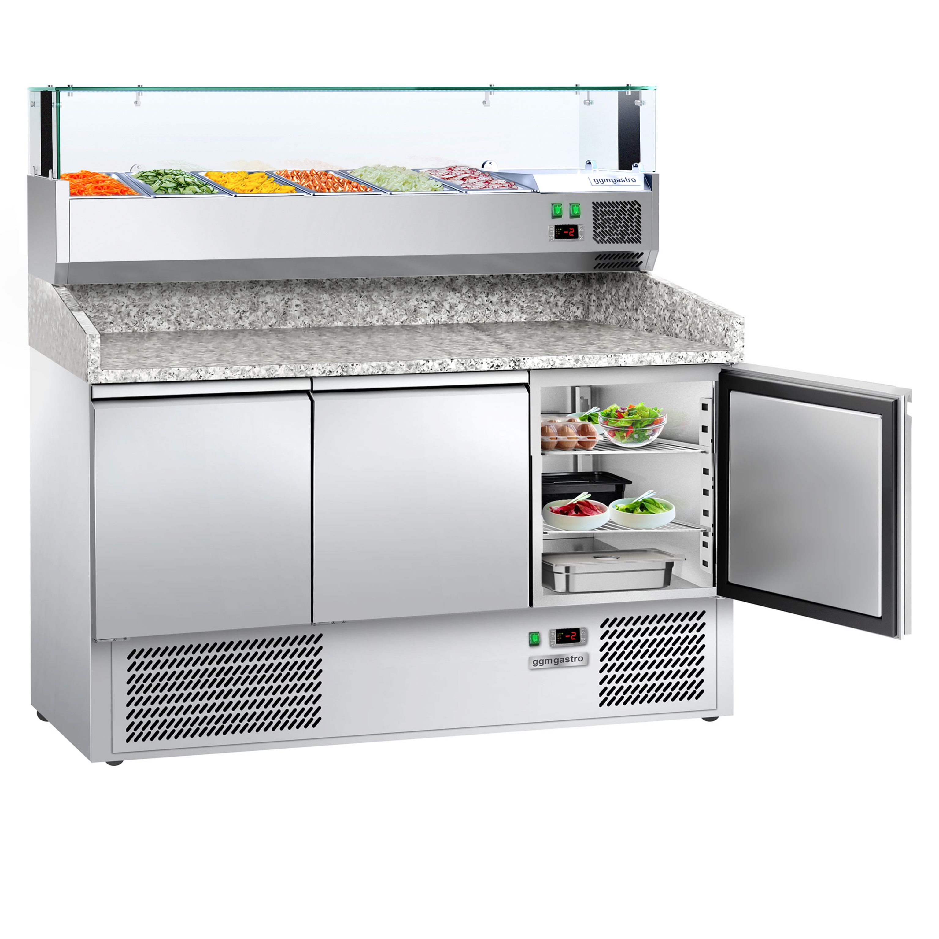Table réfrigérée à pizza ECO - 1400 x 700 mm - avec 3 portes - incl. vitrine réfrigérée - 6 x GN 1/4