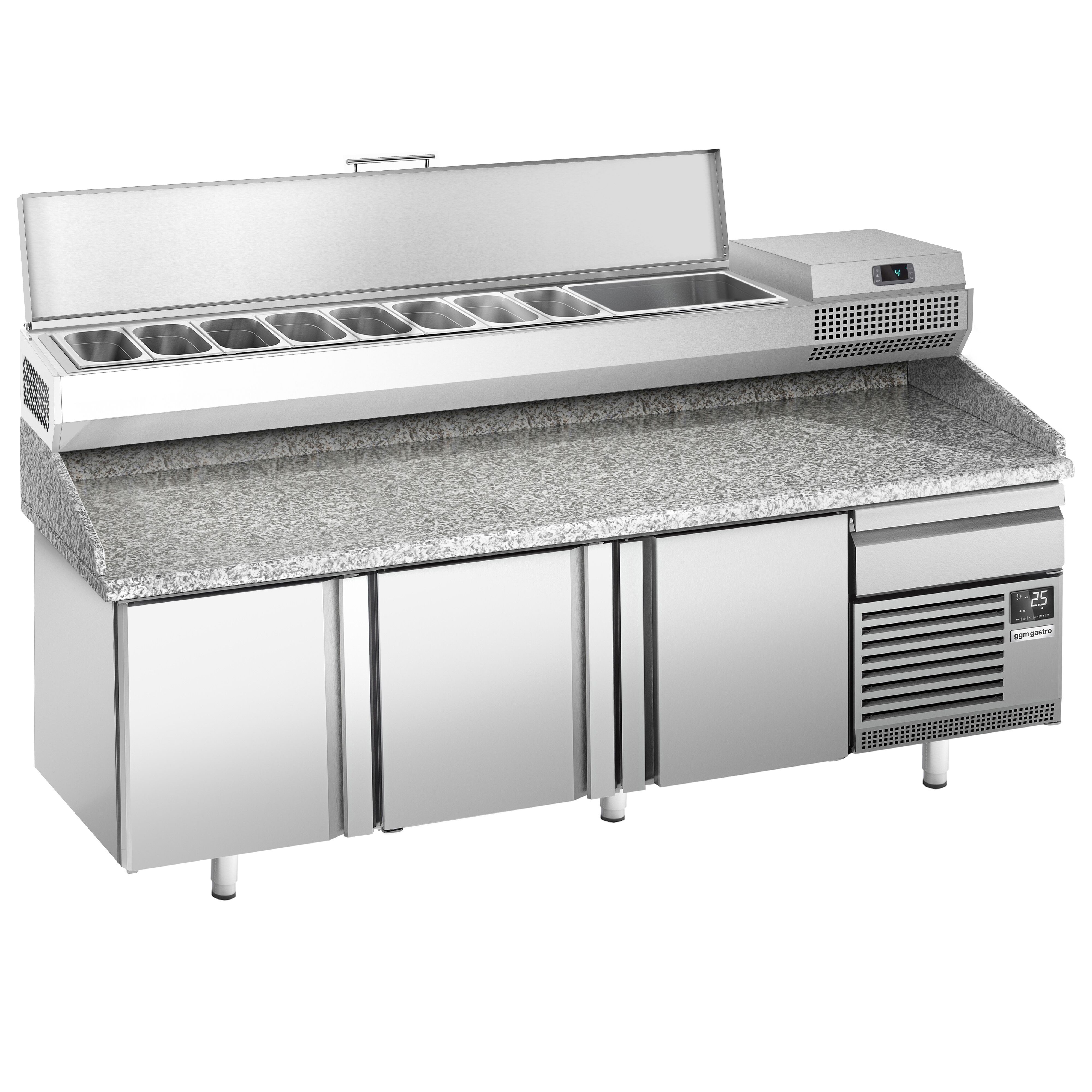 Table réfrigérée à pizza Premium PLUS - 2305 x 800 mm - avec 3 portes & 1 tiroir - incl. vitrine réfrigérée de présentation - 10x GN 1/3