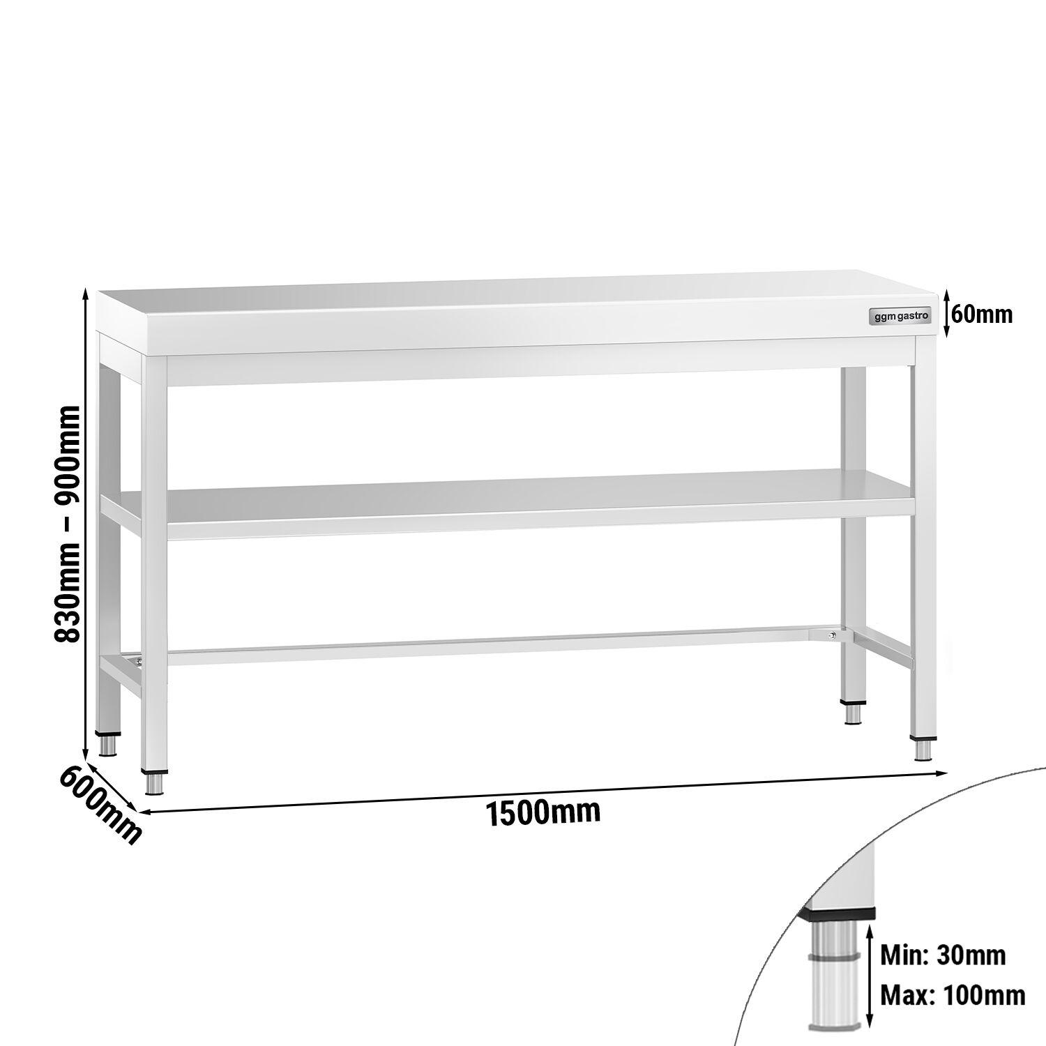 Table de travail en inox PREMIUM – 1500x600 mm – avec tablette inférieure et renforts