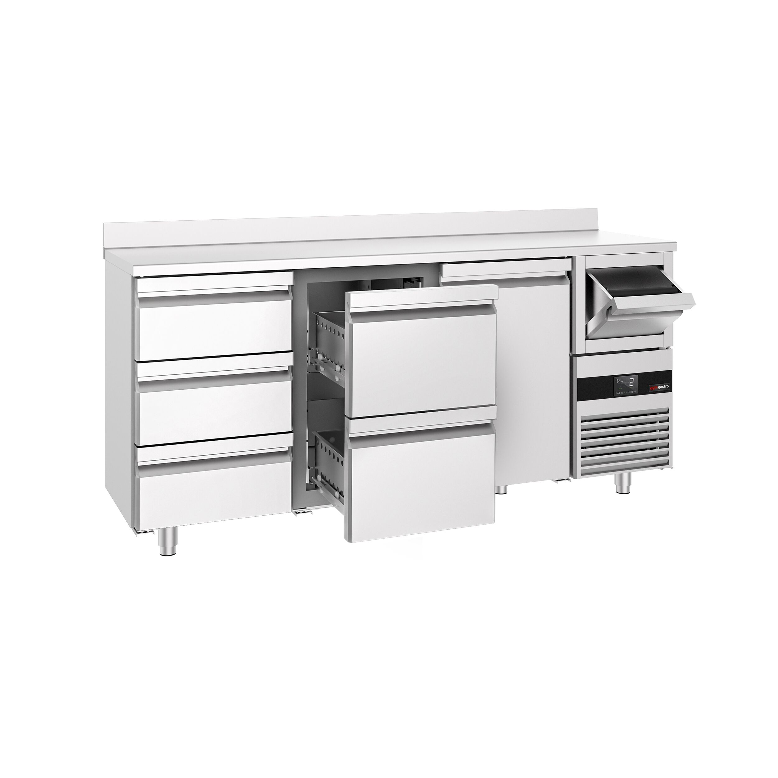 Arrière-bar réfrigéré professionnel PREMIUM - 2130 x 600 mm - avec 1 porte et 5 tiroirs - avec dosseret - avec tiroir à marc de café