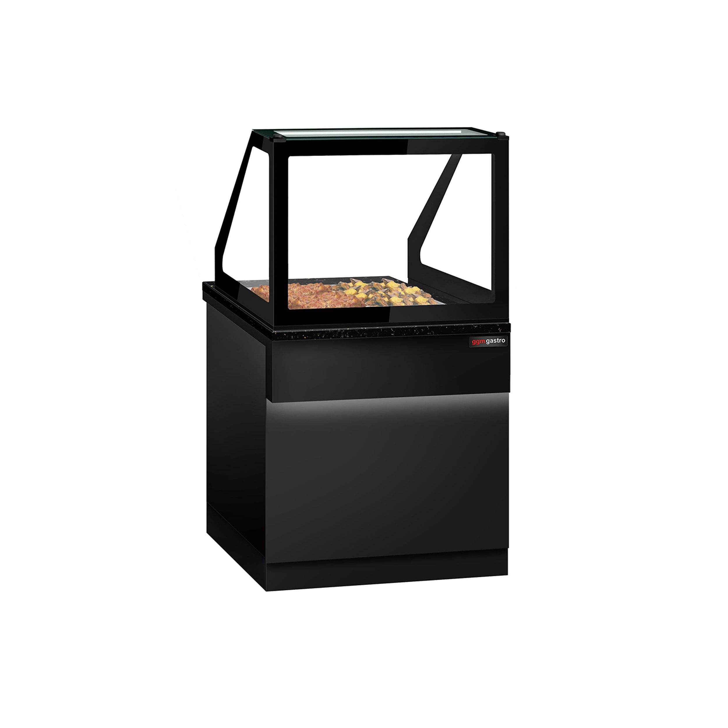 Vitrine chauffante TORONTO – 800 mm – façade noire – pour 2 × GN 1/1 – plan de travail en granit noir