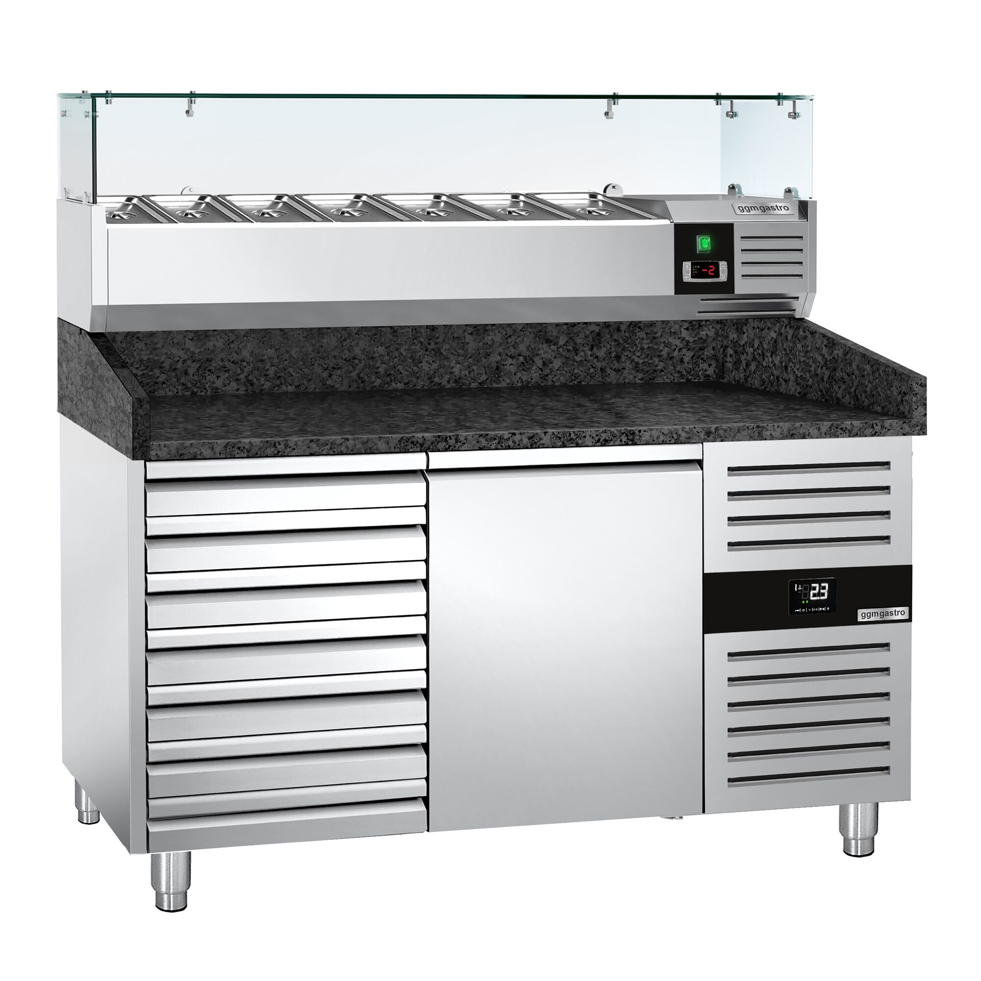 Table réfrigérée à pizza PREMIUM - 1500 x 800 mm - avec 1 porte et 7 tiroirs - incl. vitrine réfrigérée - 6 x GN 1/3