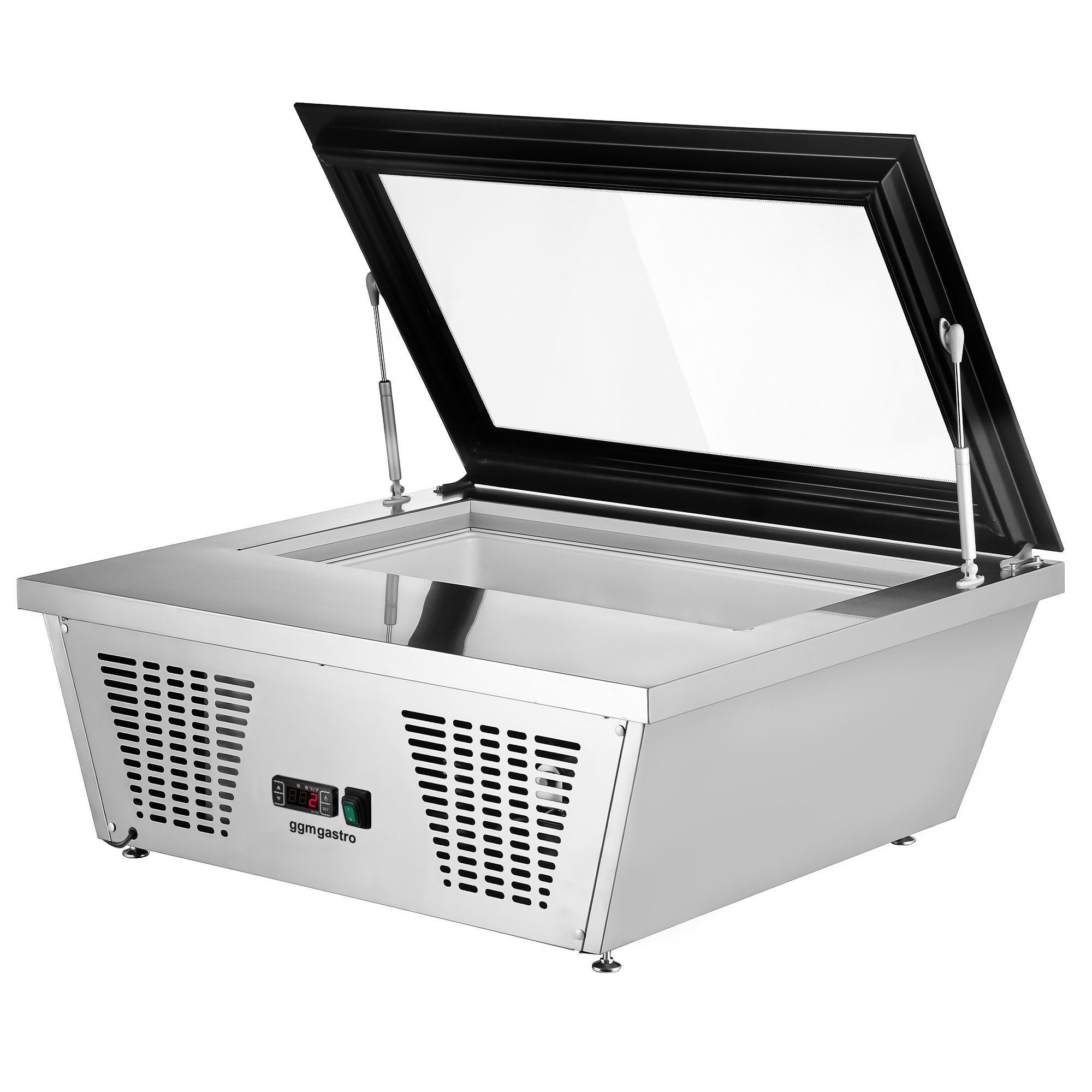 Vitrine à glaces à poser - 867mm - Froid statique - Couvercle vitré basculant - avec éclairage LED - pour 4 bacs de 5 L - Côté service