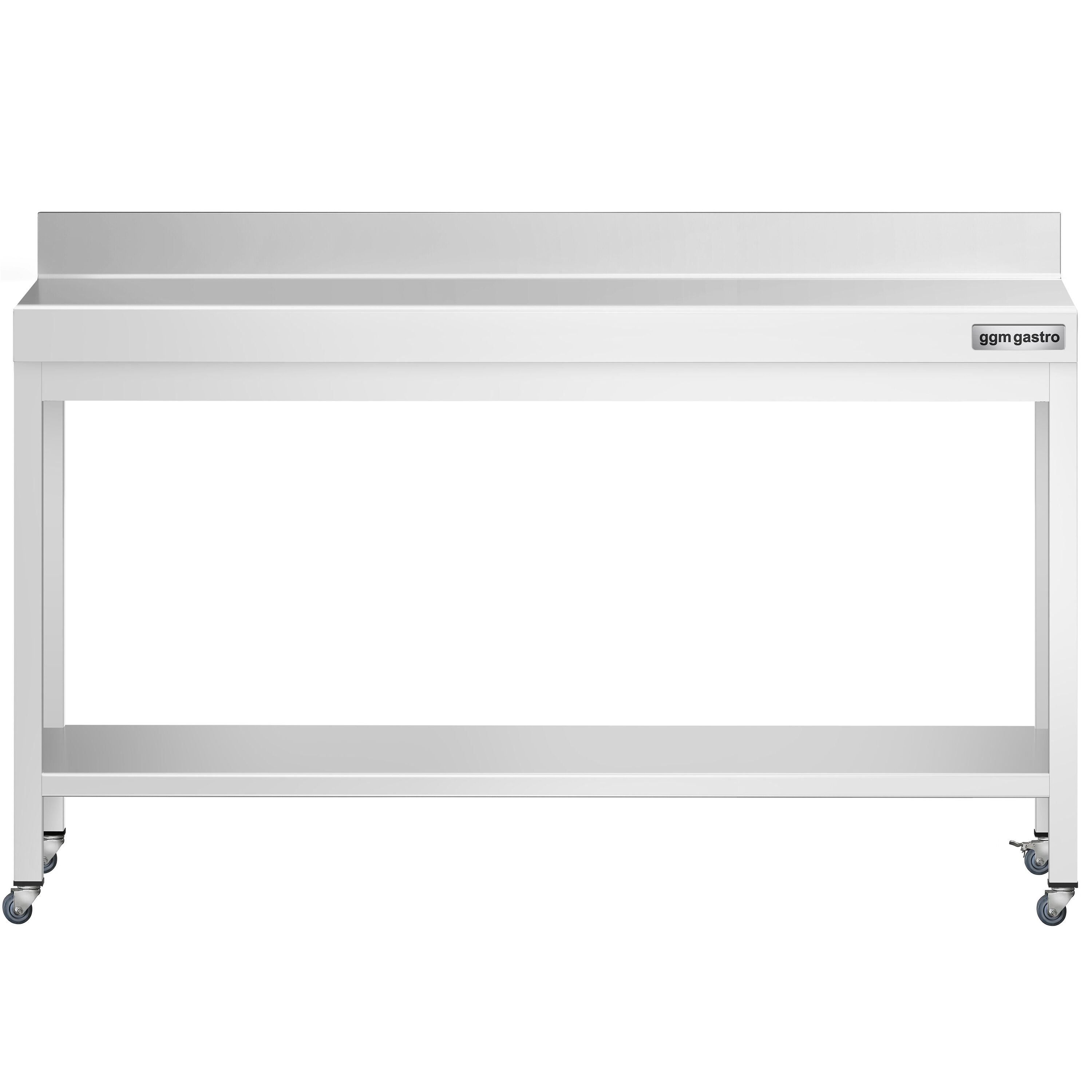 Table de travail en inox PREMIUM - 1800 x 600 mm - avec tablette inférieure, dosseret et roulettes