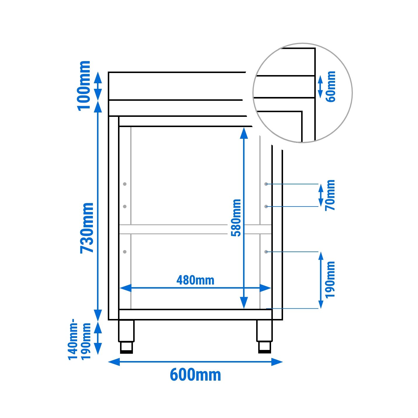 Table armoire en acier inoxydable PREMIUM - 600x600mm - avec portes battantes - avec dosseret