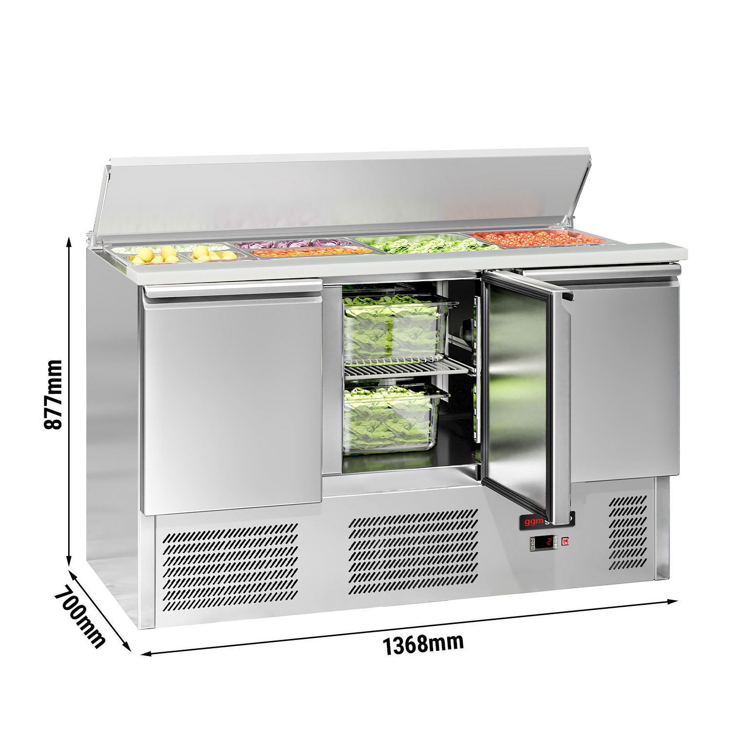 Saladette réfrigérée ECO - 1368mm - 368L - façade noire - 3 portes - avec découpe pour 4x GN 1/1 & Couvercle inox