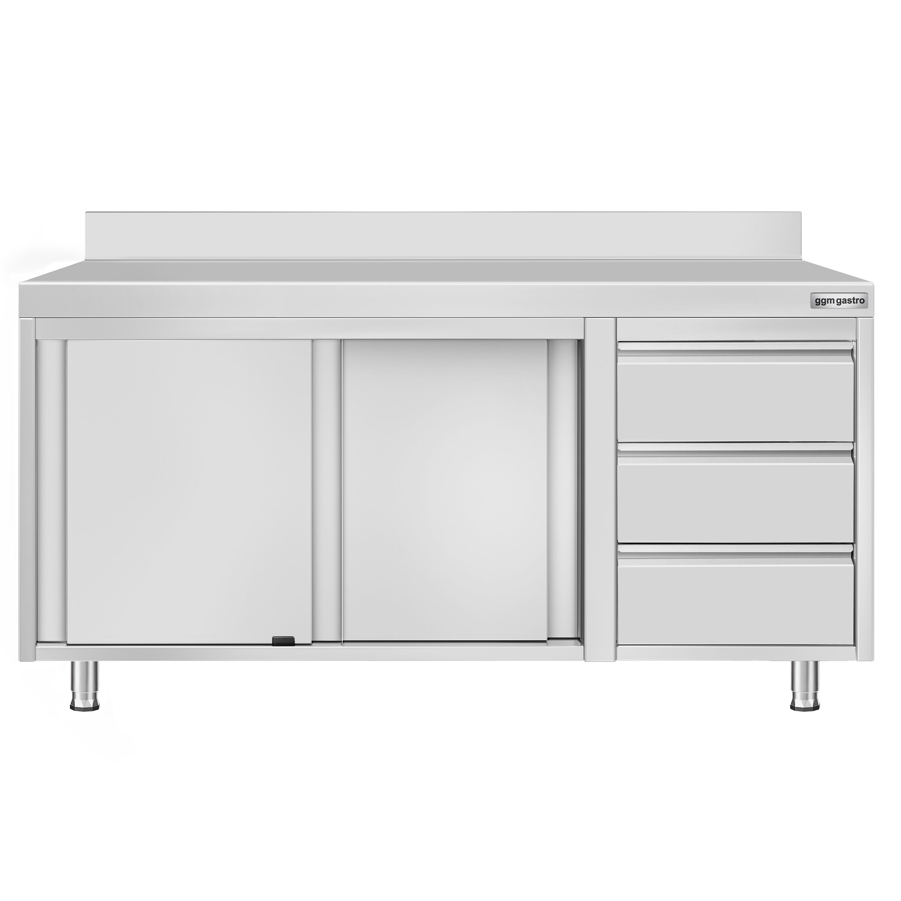 Table armoire en acier inoxydable ECO - 1600x600mm - avec 3 tiroirs à droite et portes coulissantes - avec dosseret