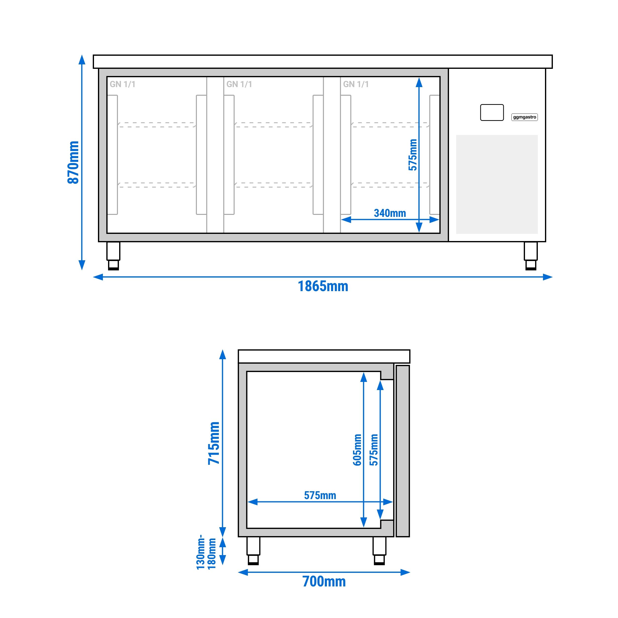 Table réfrigérée - 1800x700 mm - 3 portes à l’arrière - avec façade en verre