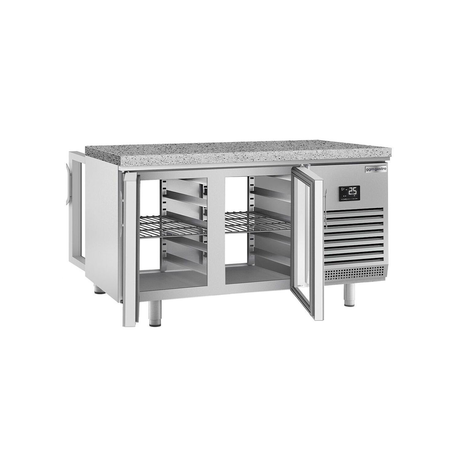 Table réfrigérée de boulangerie Premium PLUS - 1618x800 mm - avec portes vitrées des deux côtés & plan de travail en granit