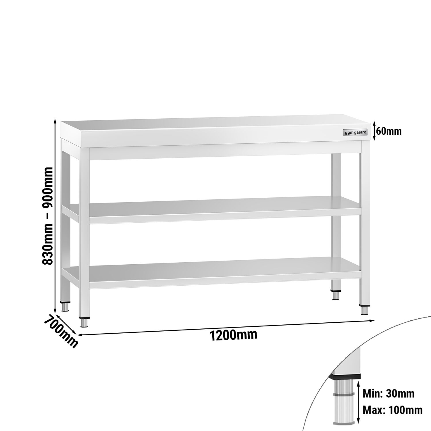 Table de travail inox PREMIUM - 1200 x 700 mm - avec tablette inférieure & Tablette intermédiaire
