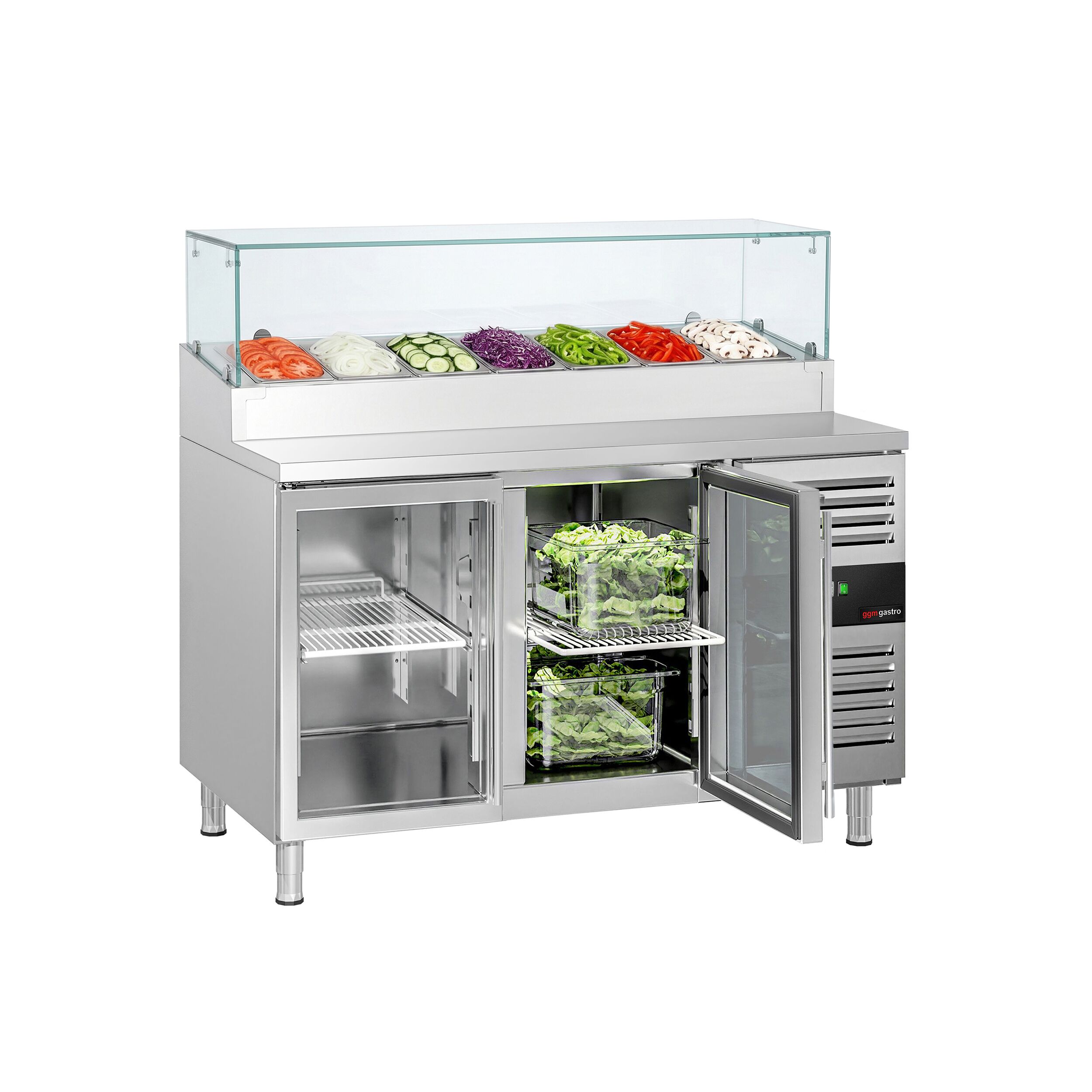 Zubereitungstisch PREMIUM - 1360mm - 2 Glastüren - mit Glasaufsatz - für 7x GN 1/3