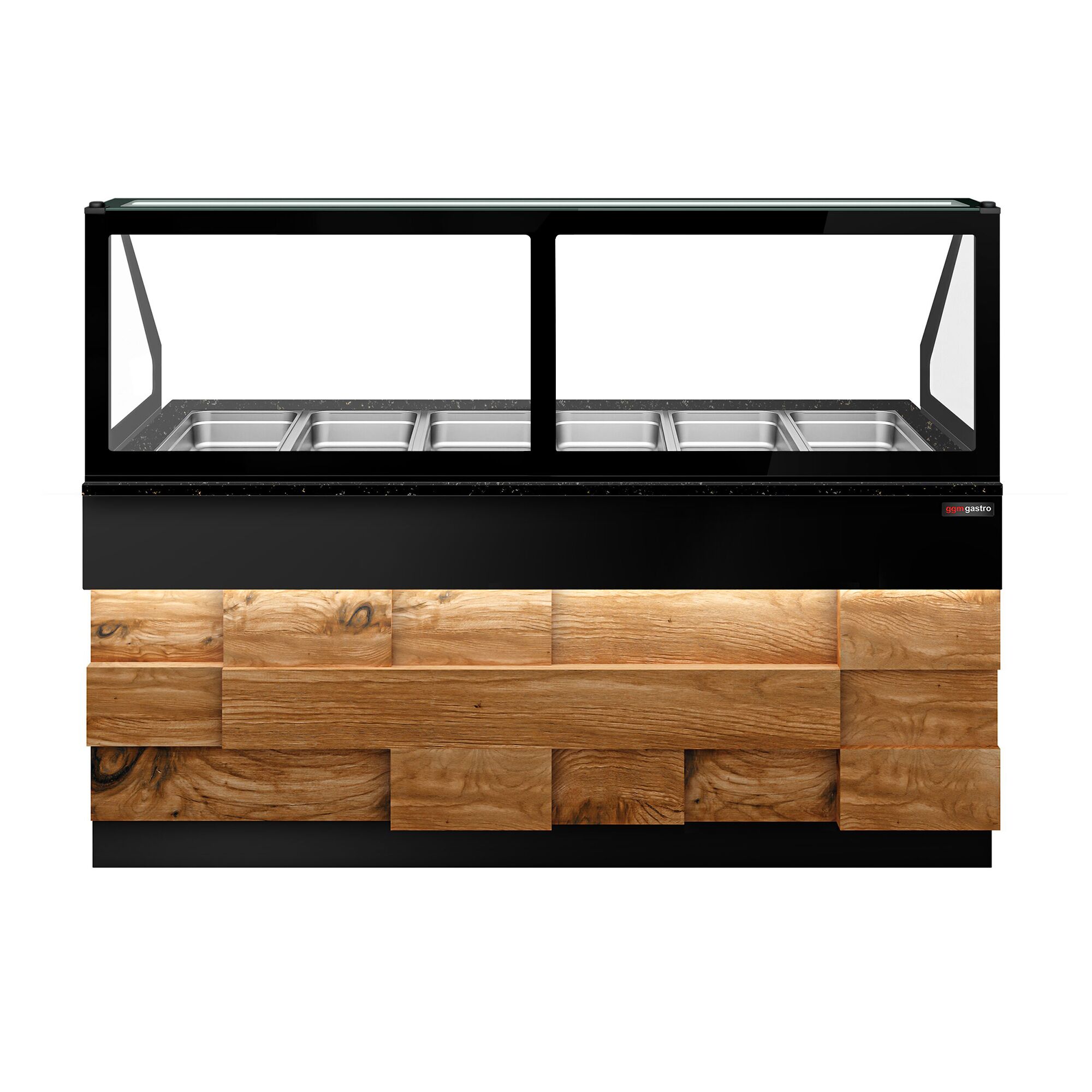 Vitrine chauffante TORONTO – 2100 mm – façade en bois – pour 6 × GN 1/1 – plan de travail en granit noir