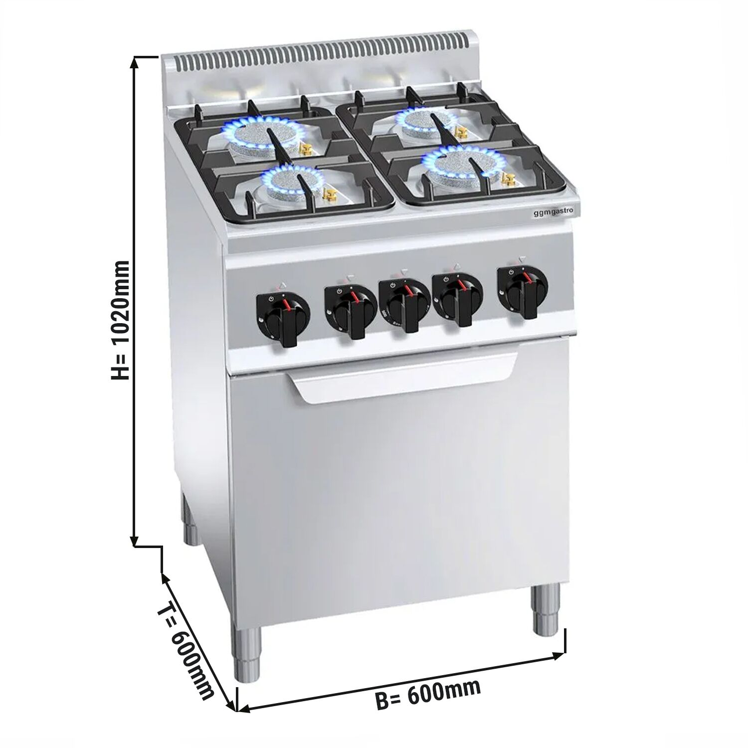 Fourneau à gaz – 19 kW – 4 brûleurs – avec four électrique à convection – 3 kW
