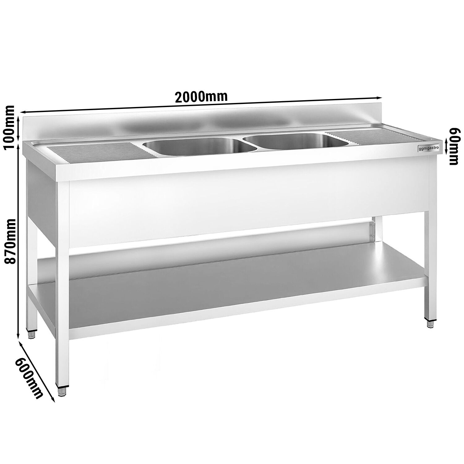 Plonge en inox PREMIUM - 2000x600mm - avec étagère basse - 2 bacs au centre