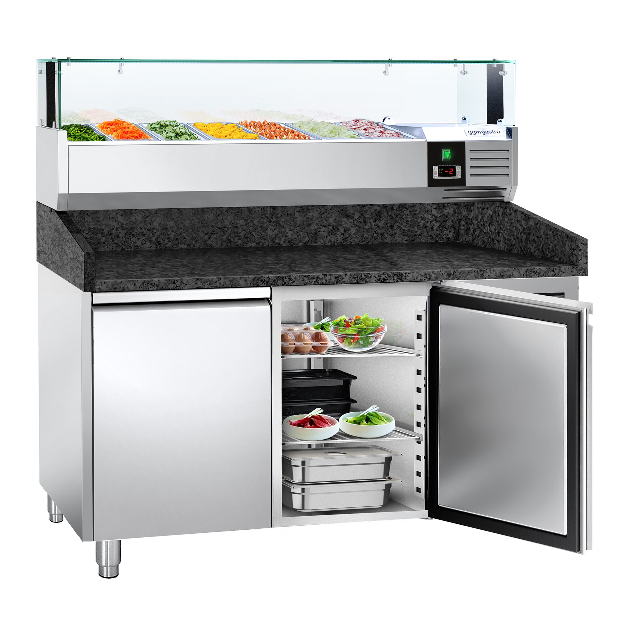 Table réfrigérée à pizza PREMIUM - 1500x800 mm - avec 2 portes - incl. vitrine réfrigérée LED - 7x GN 1/4