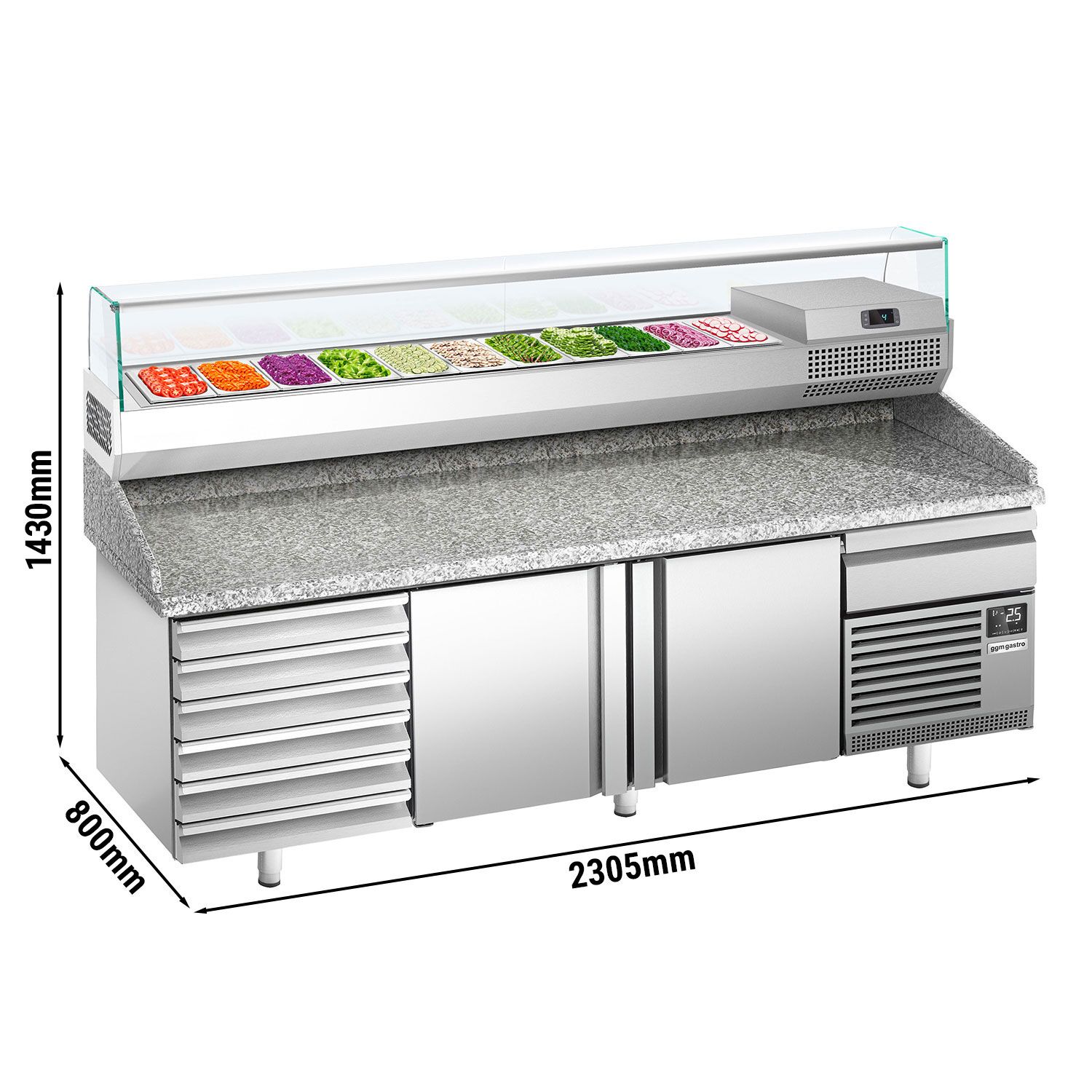 Table réfrigérée à pizza Premium PLUS - 2305x800 mm - avec 2 portes & 7 tiroirs - incl. vitrine réfrigérée pour ingrédients - 11 bacs GN 1/4