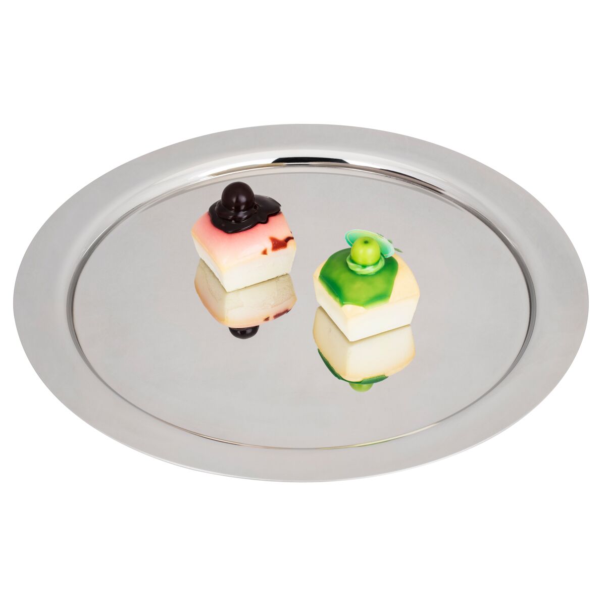 (4 pcs) Plateau de présentation - Acier inoxydable - Ø390mm - poli miroir - avec cloche transparente