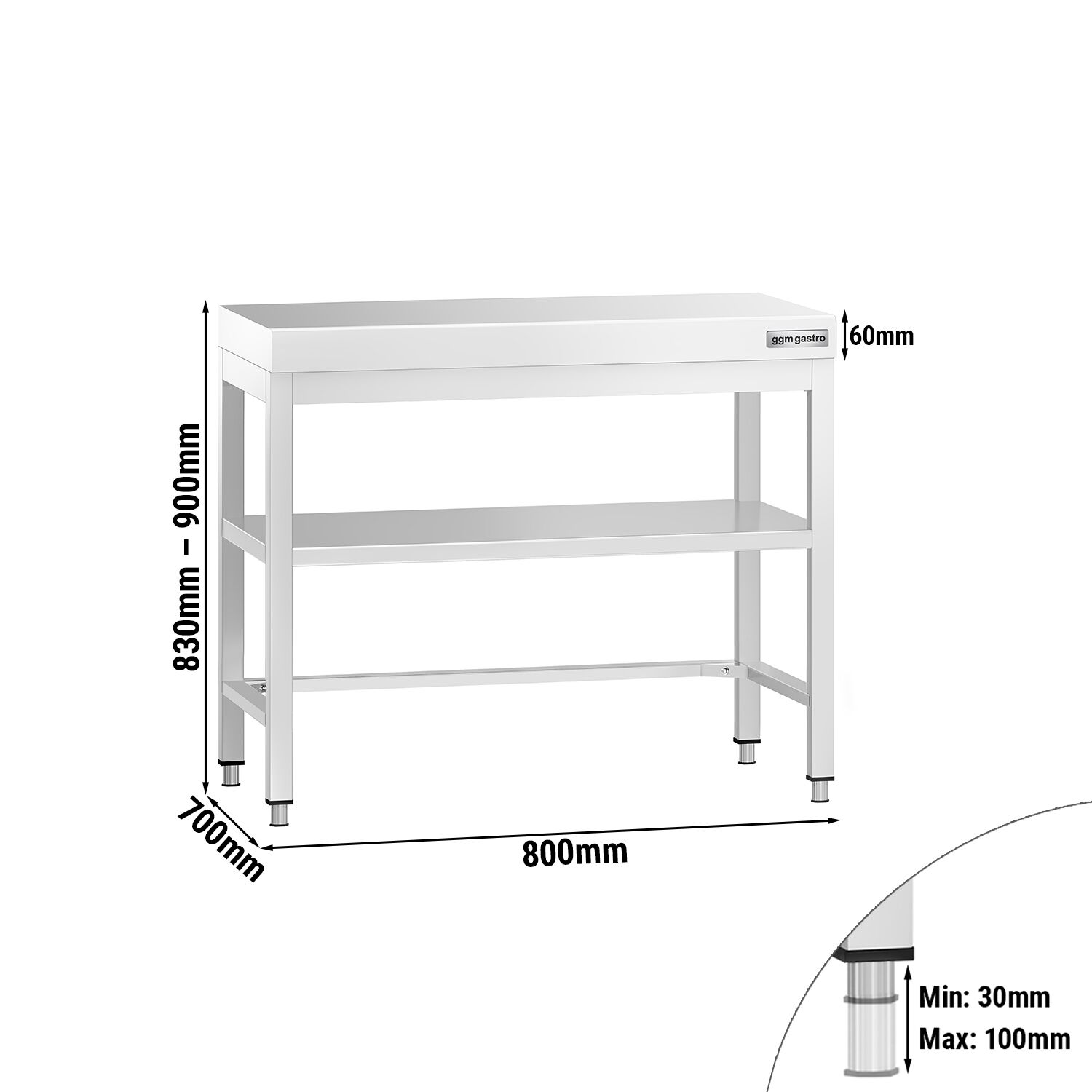 Table de travail inox PREMIUM - 800 x 700 mm - avec tablette inférieure & Renforts