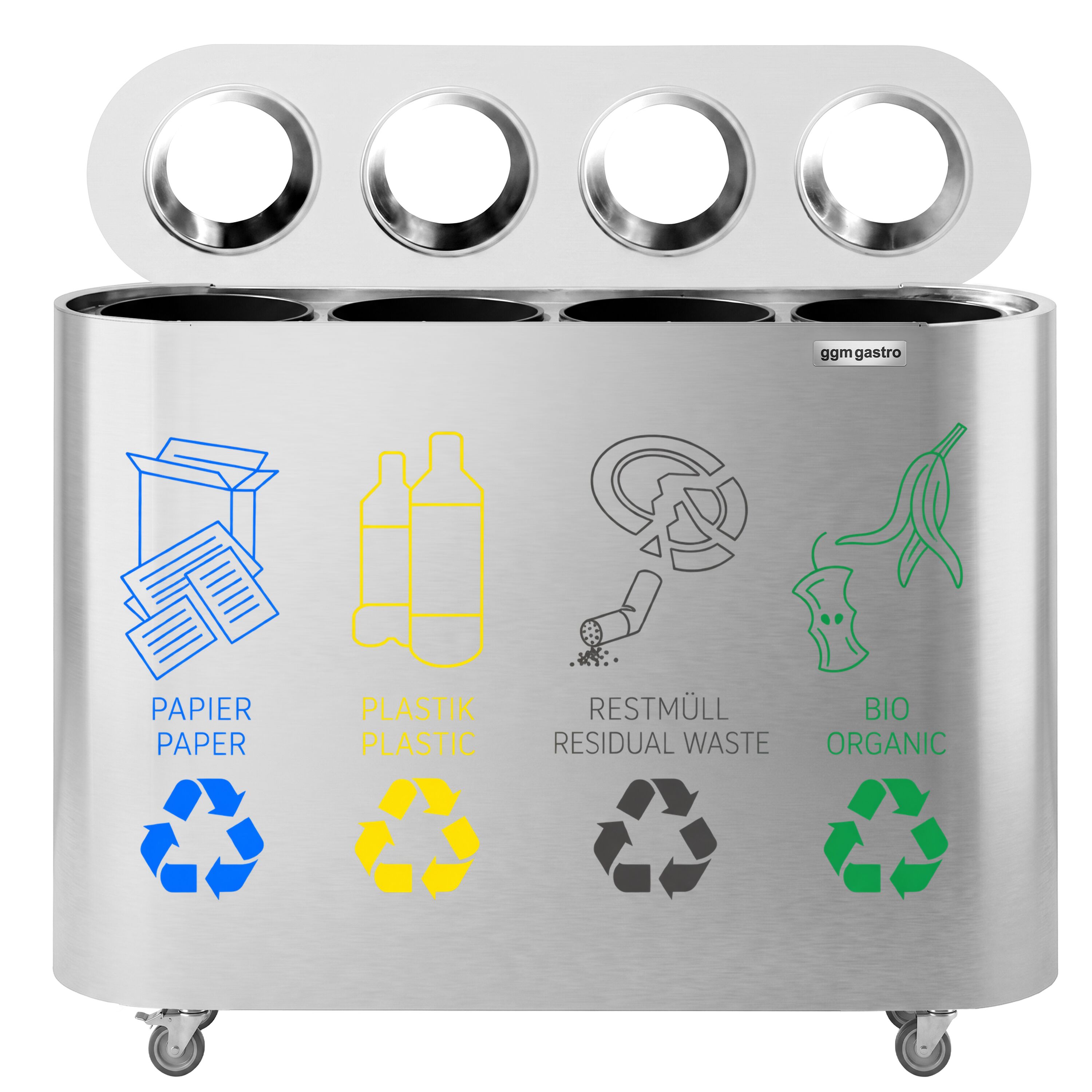 Waste sorting system – 4 bins, 30 litres each – stainless steel