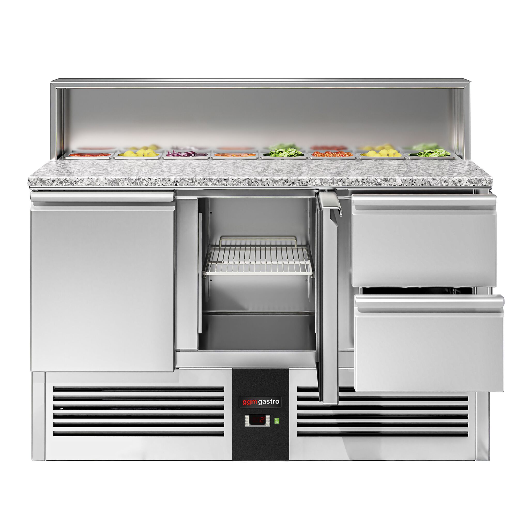 Saladette réfrigérée PREMIUM - 1368mm - 402L - 2 portes & 2 tiroirs - avec découpe pour 8x GN 1/6 & Couvercle inox - plan de travail en granit noir