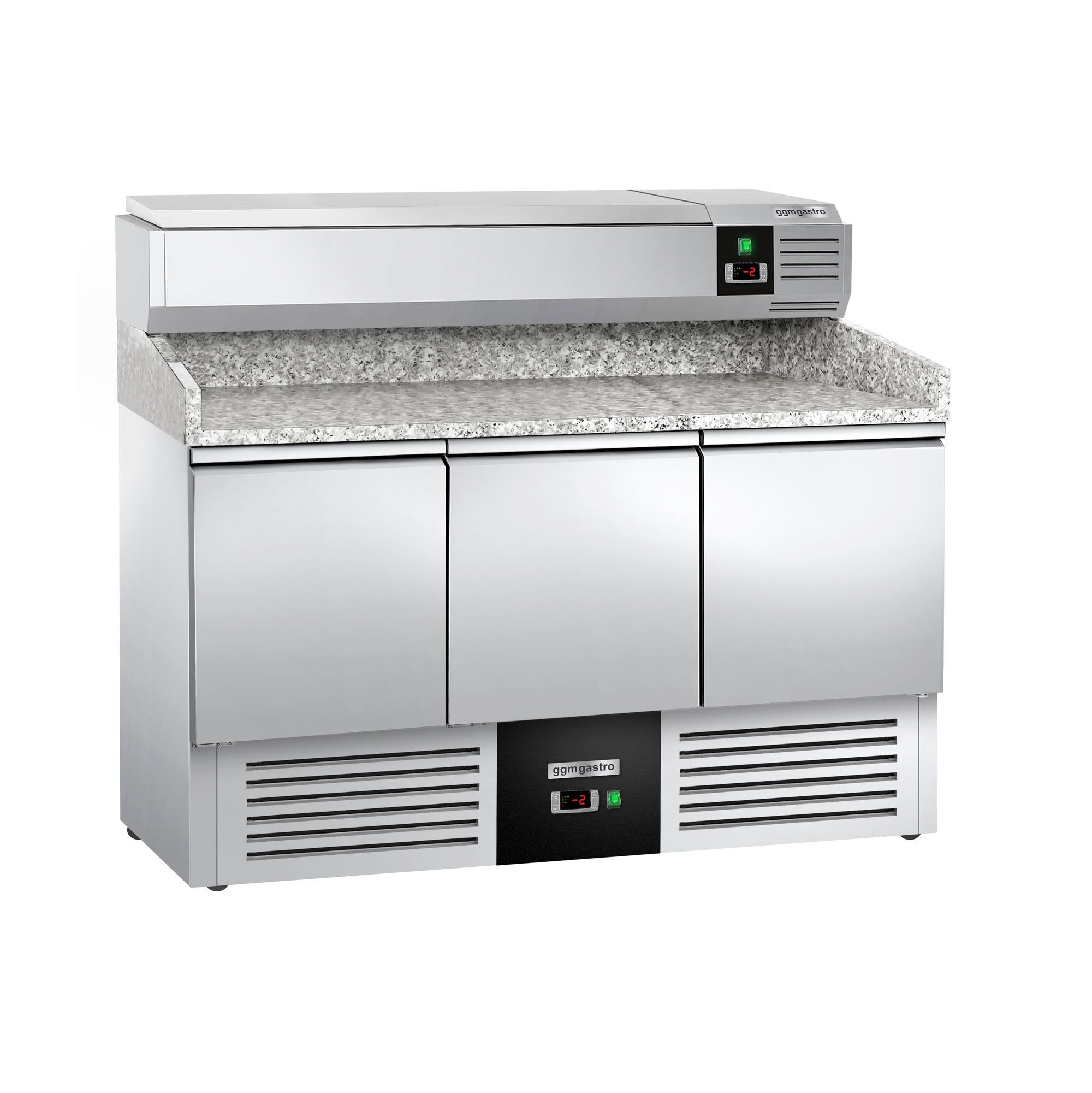 Banco pizza refrigerato PREMIUM - 1400x700mm - con 3 porte - piano in granito - con vetrina ingredienti refrigerata superiore - 6x GN 1/4