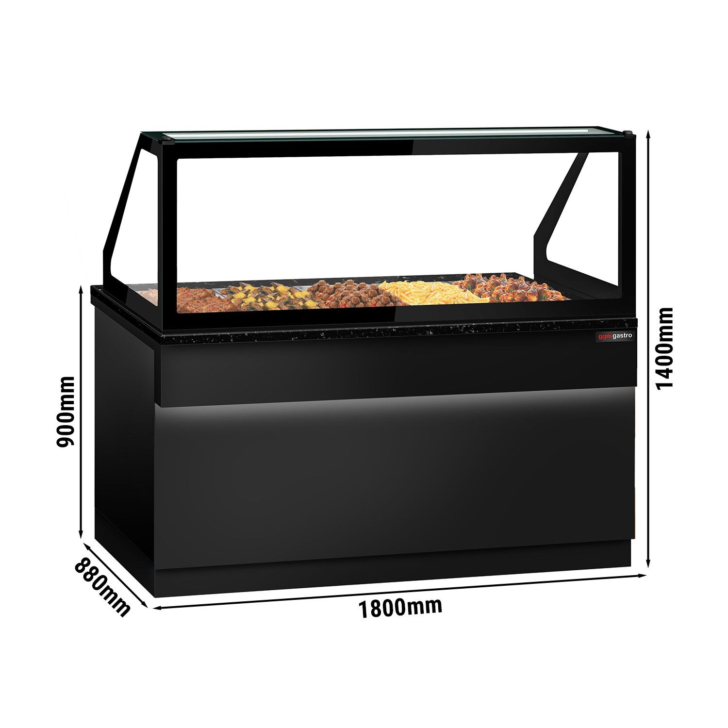 Vitrine chauffante TORONTO – 1800 mm – façade noire – pour 5 × GN 1/1 – plan de travail en granit noir