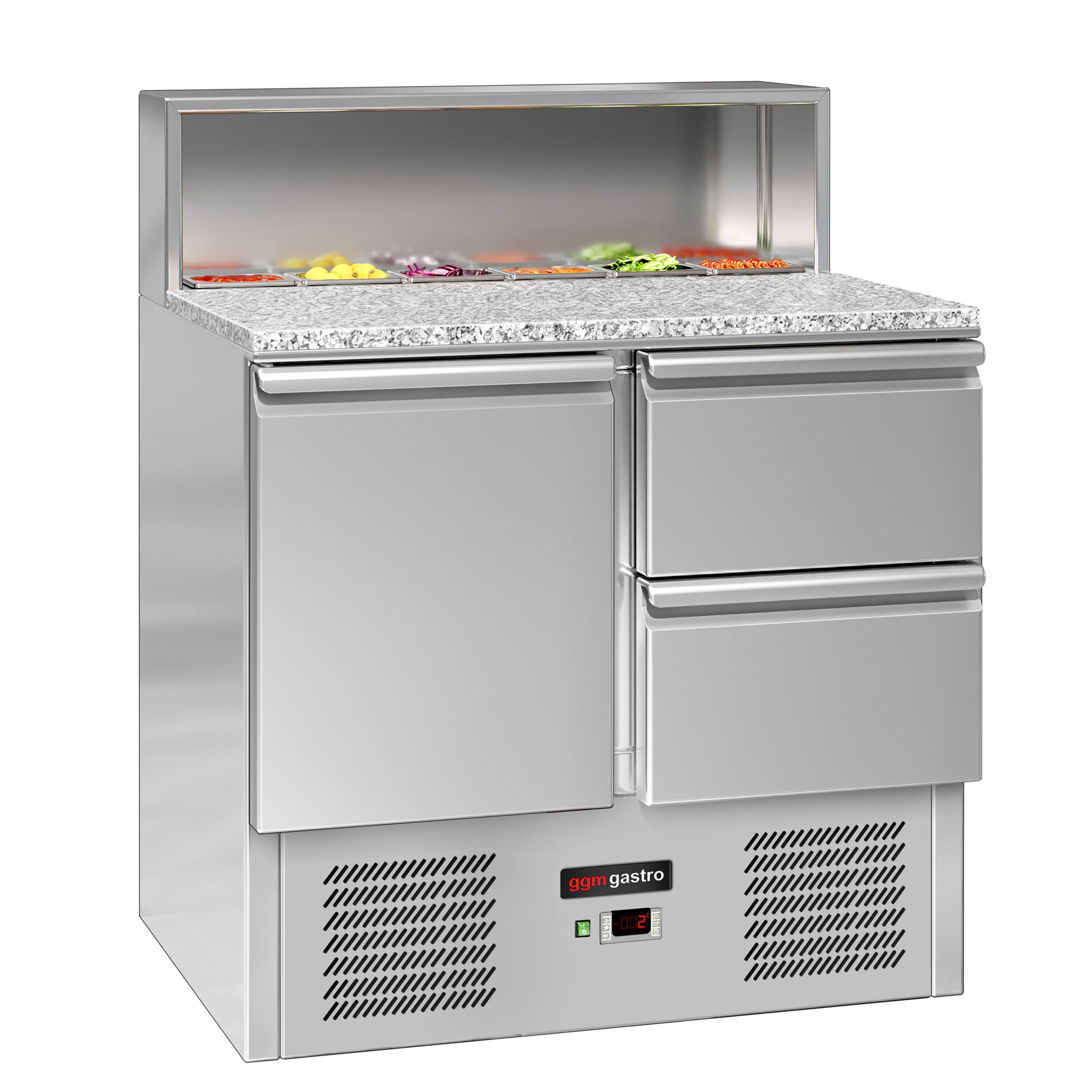 Saladette réfrigérée ECO - 903mm - 240L - 1 porte & 2 tiroirs - avec découpe pour 5x GN 1/6 & Couvercle inox - plan de travail en granit noir