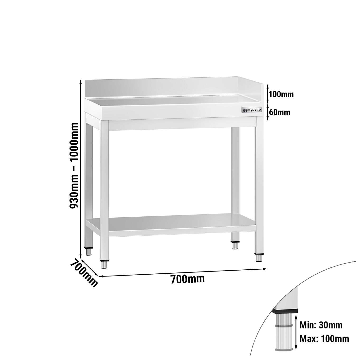 Table de travail inox PREMIUM - 700 x 700 mm - avec tablette inférieure & Dosseret arrière + droit