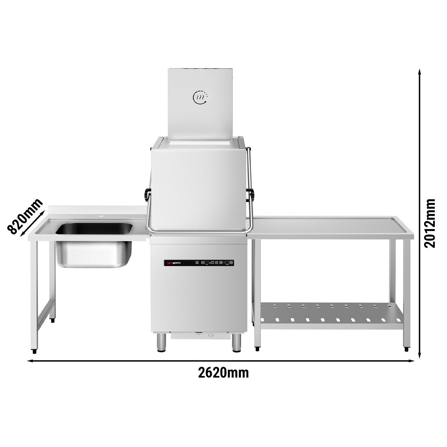 Lave-vaisselle à capot – Numérique – 8,7 kW – avec récupération de chaleur, pompe de détergent, de rinçage et de vidange – avec table d’entrée à gauche et table de sortie à droite incluses