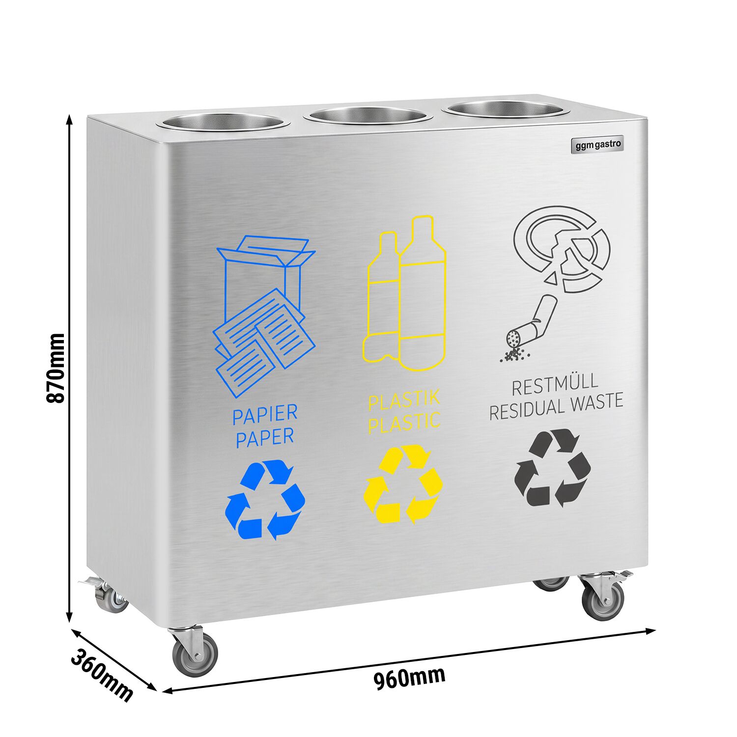 Waste sorting system – 3 bins, 30 litres each – stainless steel – with 4 castors
