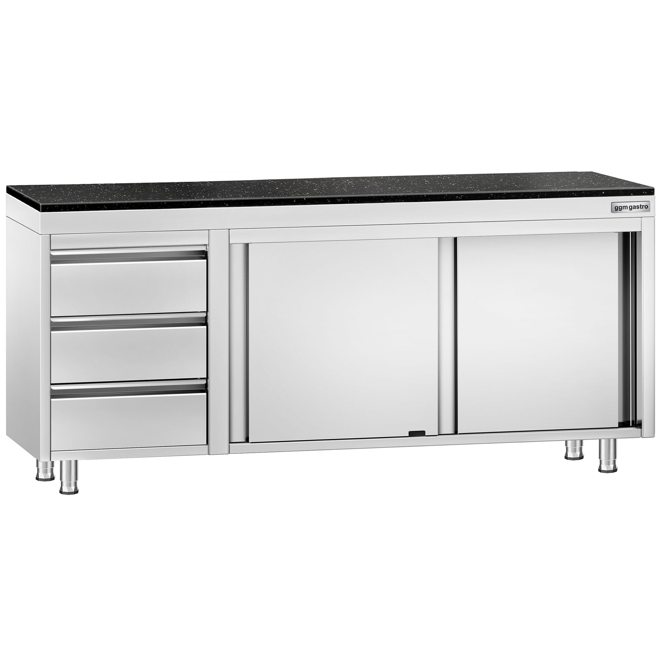 Roestvrijstalen werkkast PREMIUM - 2000 x 600 mm - met 3 lades links - incl. granieten werkblad