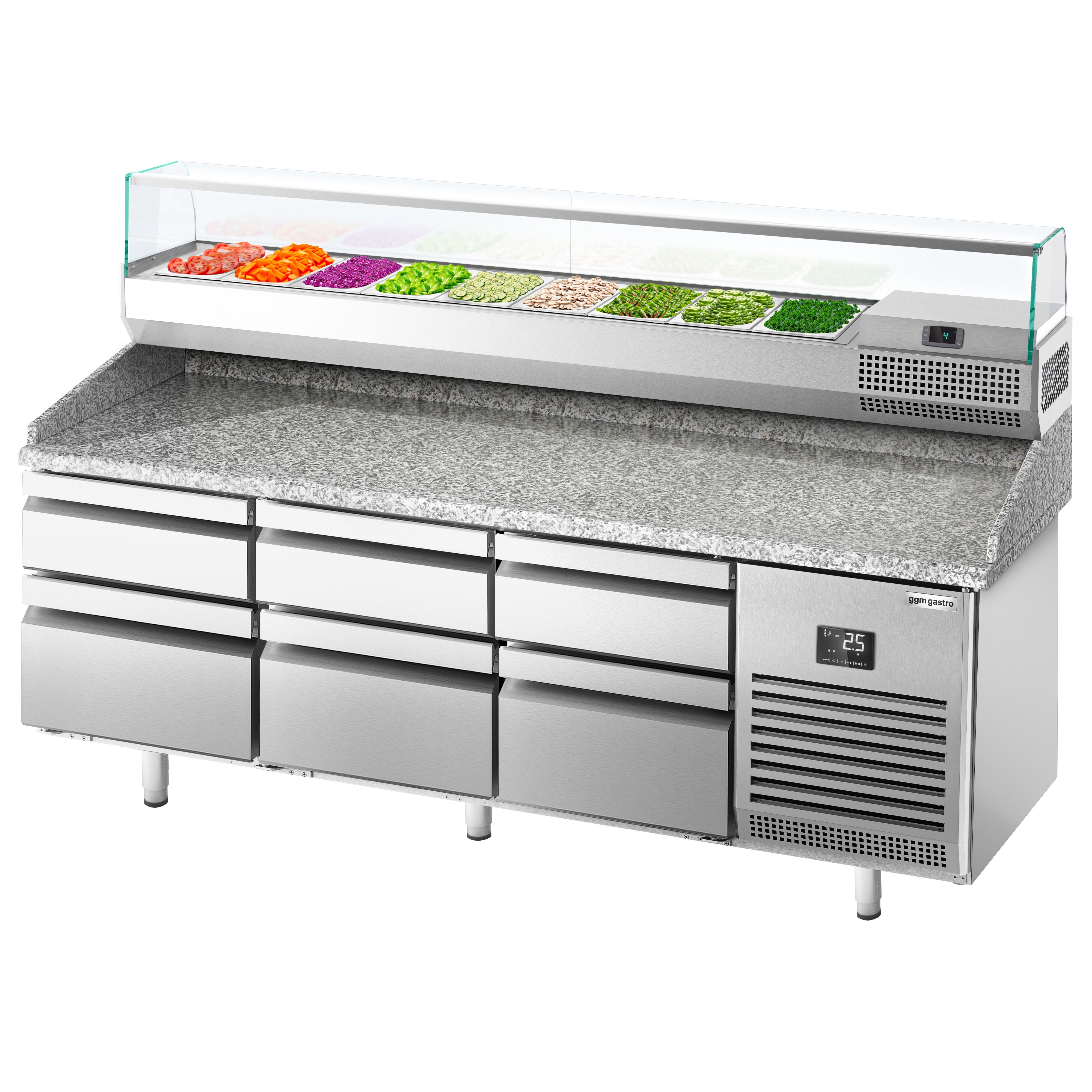 Table réfrigérée à pizza Premium PLUS - 1980x700 mm - avec 6 tiroirs - incl. vitrine réfrigérée - 9x GN 1/4