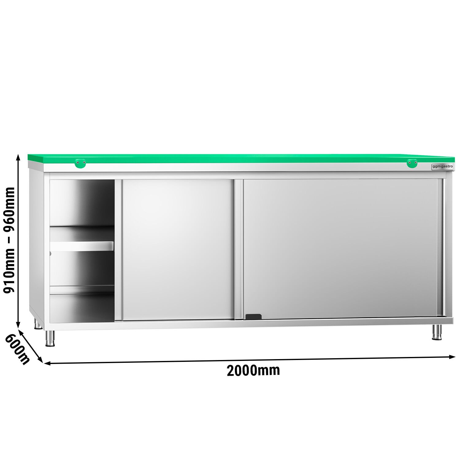 Table armoire en acier inoxydable PREMIUM - 2000x600mm - avec portes coulissantes - pour fruits et légumes - incl. plateau de découpe Vert PEHD (HACCP)