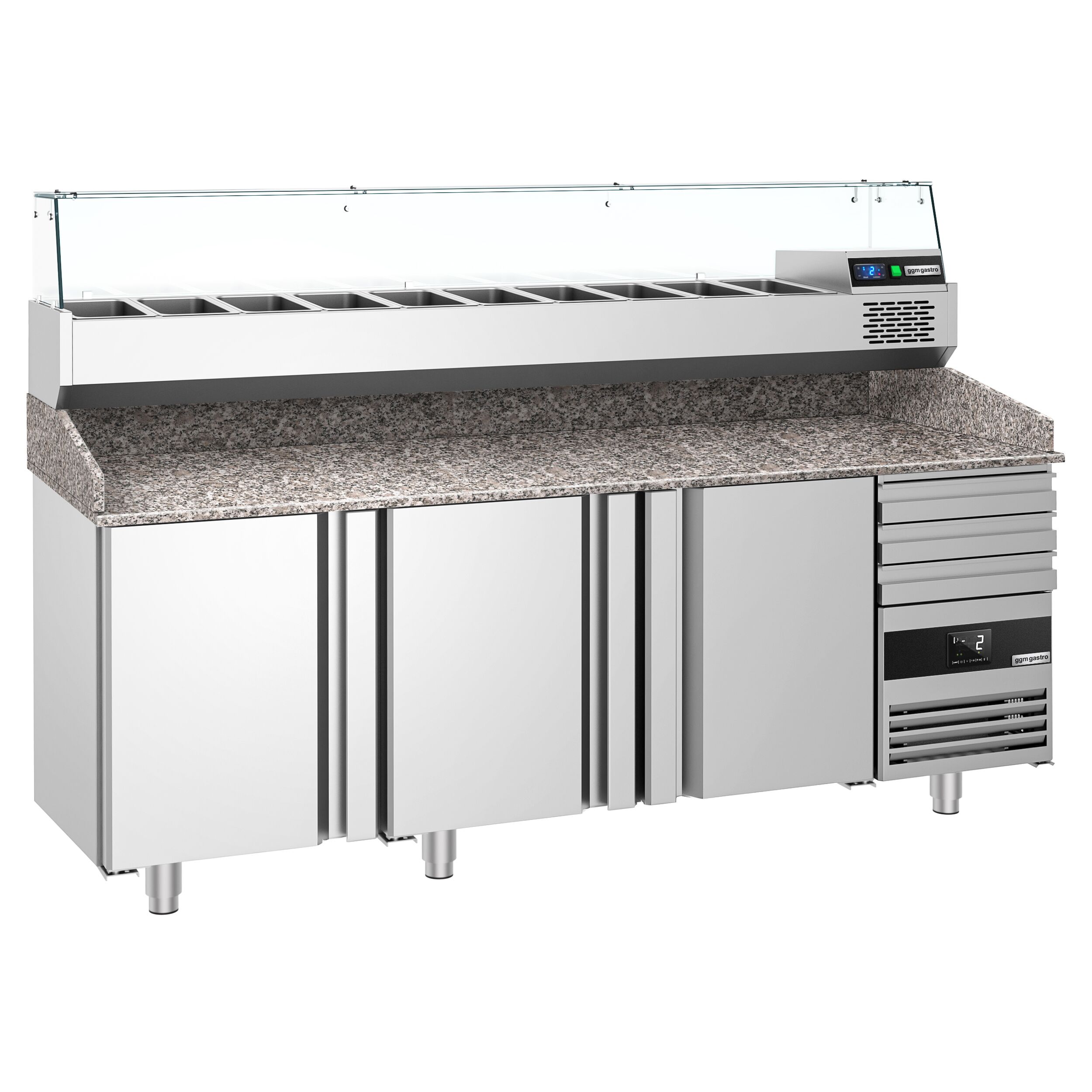 Table réfrigérée à pizza PREMIUM - 2150x800 mm - avec 3 portes & 3 tiroirs - incl. vitrine réfrigérée - 10x GN 1/3