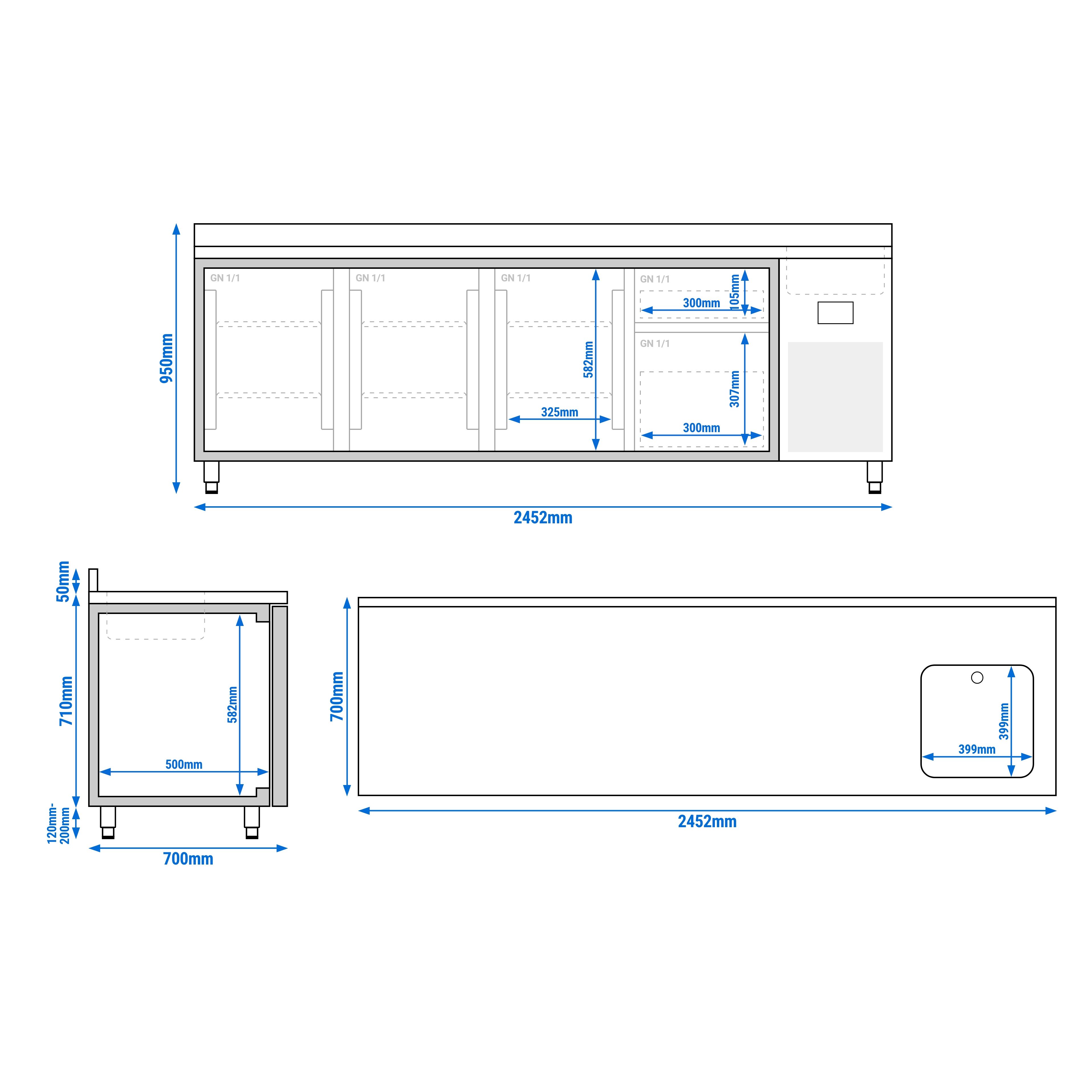 Kylbänk Premium PLUS - 2452x700 mm - 630 l - med 1 ho - 3 dörrar - med 2 lådor - hög bakkant